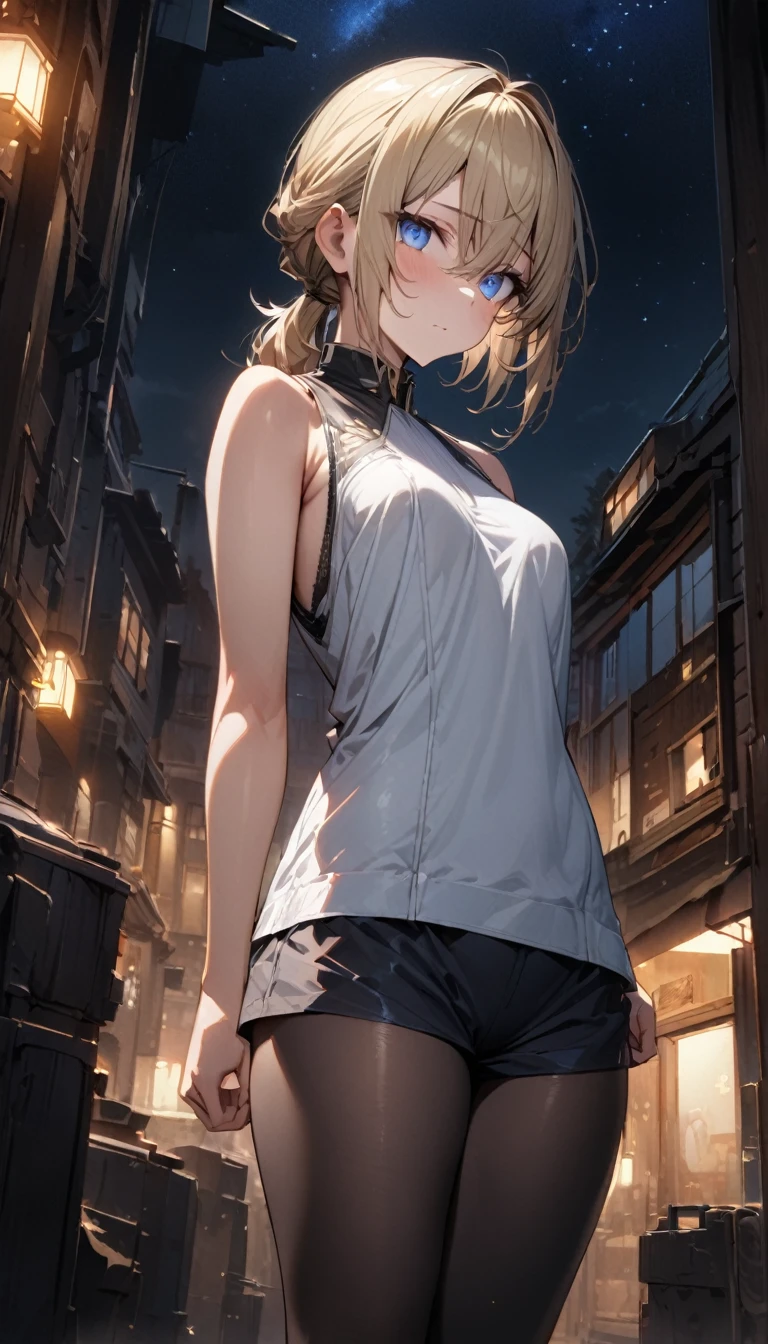 a handsome girl, 25 years old, blond hair, medium hair, ponytail hair, blue eyes, white sleeveless, short pants, black tights, standing, no expression, night sky, masterpiece, best quality, ultra detailed, detailed eyes, cute eyes