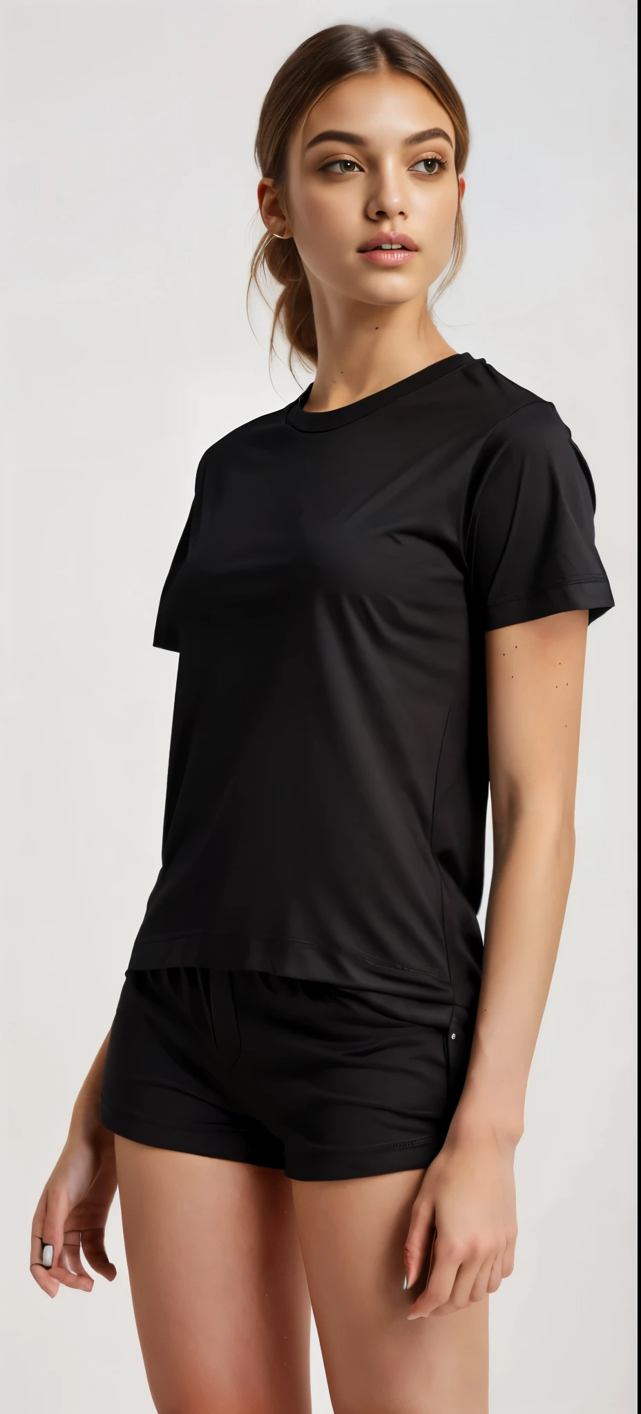 a linda woman in a camisa preta and black shorts, mulher linda e jovem, wearing a camiseta preta, vestindo camiseta preta, wearing uma camiseta preta, camiseta preta, camiseta preta, camiseta preta, wearing a camisa preta, vestindo uma camiseta, he is wearing a camiseta preta, camisa preta, uma camiseta preta. Tom alto, Manga curta