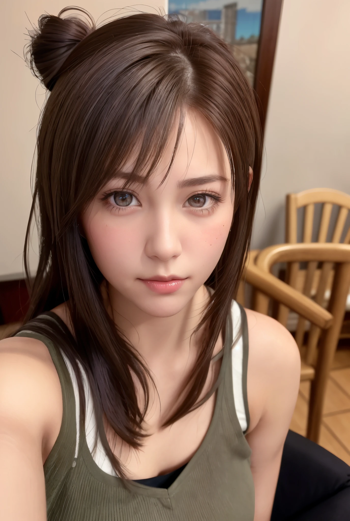 8K,Best Quality, masutepiece, 超A high resolution, (Photorealistic:1.4), Raw photo, (Authentic skin texture:1.3), (Film grain:1.3), (Selfie angle),1girl in, Bun hairstyle, Brown hair, Sitting, Chair, bored, Hand supporting chin, beautiful detailed eyes and face,masutepiece, Best Quality,close-up,upper bod,