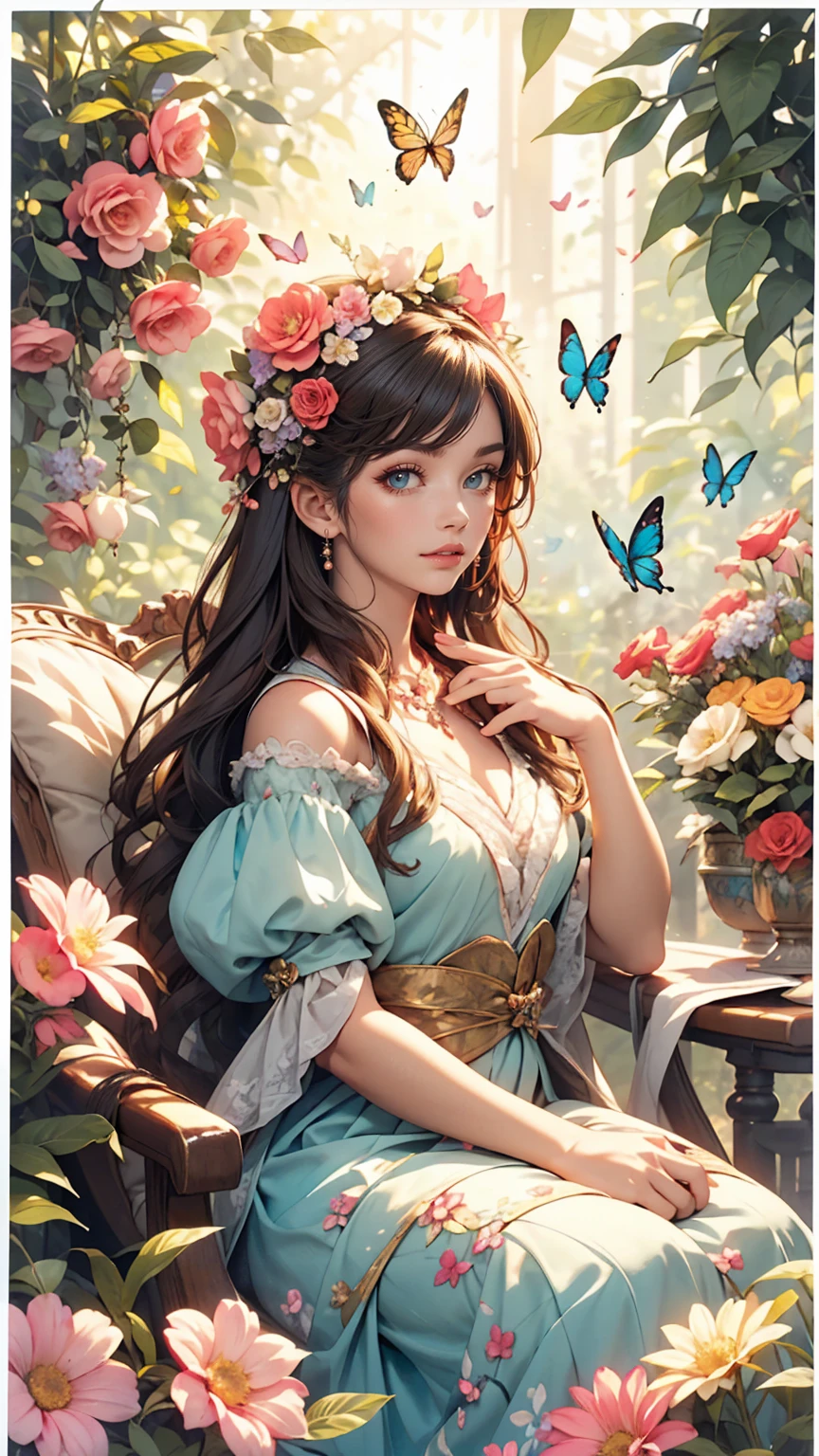 Beautiful girl in a fairy costume, Surrounded by flowers and butterflies. content: Watercolor. style: Whimsical and delicate, Like an illustration in a children's book.