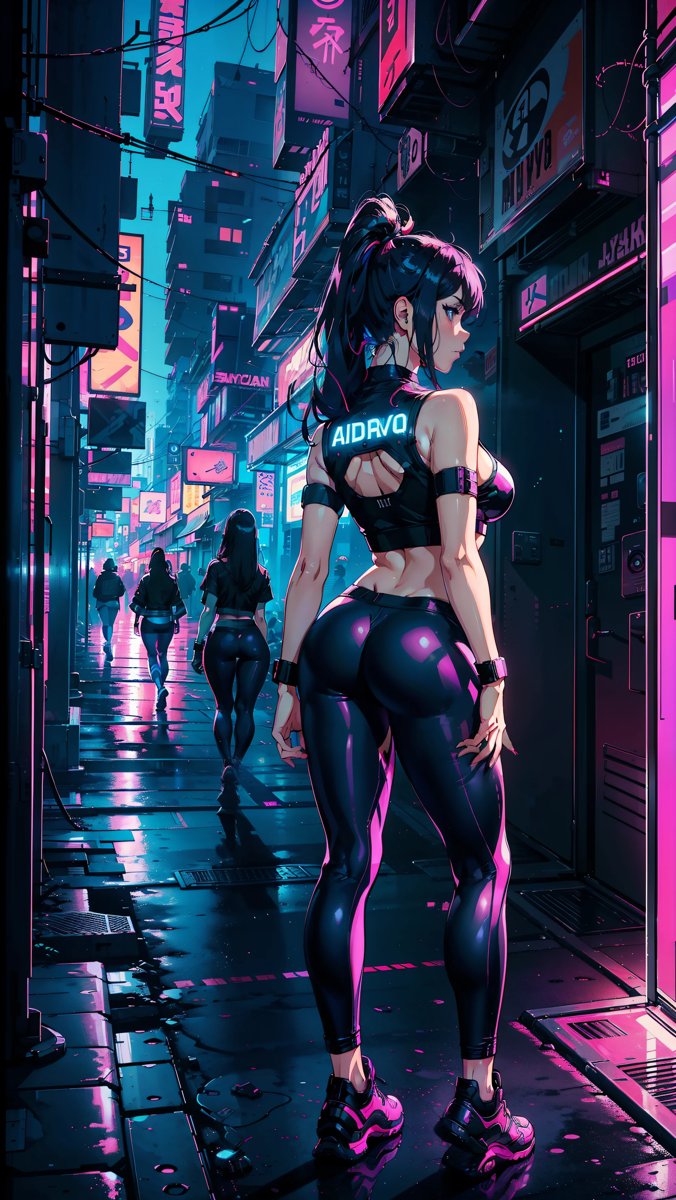 (Hinata Hyuga, Walking around the city, Very sensual, Older girls, In tight clothes, Cleavage, Big Ass, Thick legs, Training wear, Navel comes out, Long Hair, Rear speakers, Very realistic, View of the Cyberpunk City, Clearly defined lines, Neon Lights Very Sexy, 8k, 8k Very detailed), (Very delicate and beautiful), (masterpiece), (Better Quality: 1.0), (Ultra-high resolution:1.0), ((Synthwave Background Theme)),