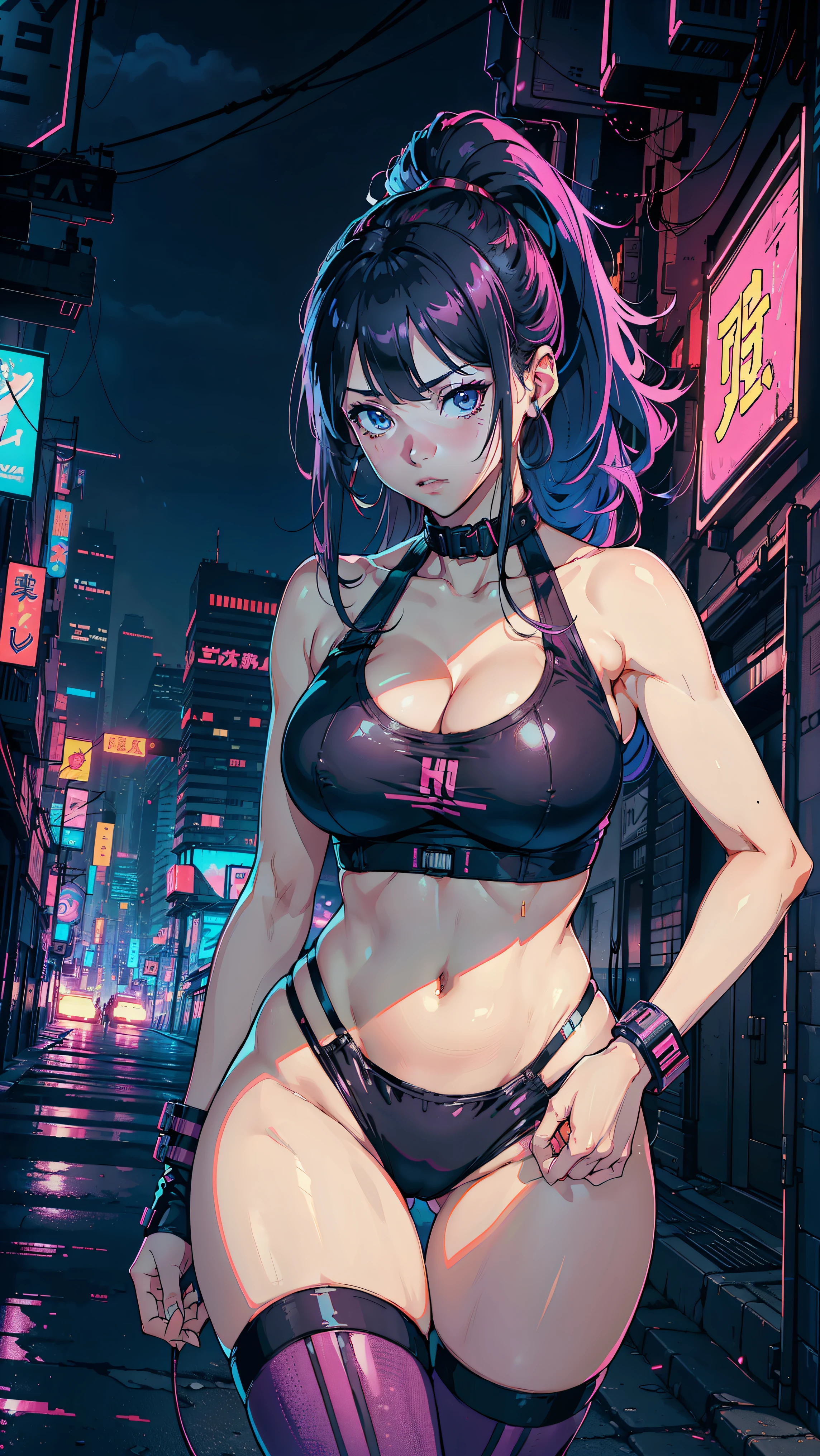 (Hinata Hyuga, Walking around the city, Very sensual, Older girls, In tight clothes, Cleavage, Big Ass, Thick legs, Training wear, Navel comes out, Long Hair, Rear speakers, Very realistic, View of the Cyberpunk City, Clearly defined lines, Neon Lights Very Sexy, 8k, 8k Very detailed), (Very delicate and beautiful), (masterpiece), (Better Quality: 1.0), (Ultra-high resolution:1.0), ((Synthwave Background Theme)),