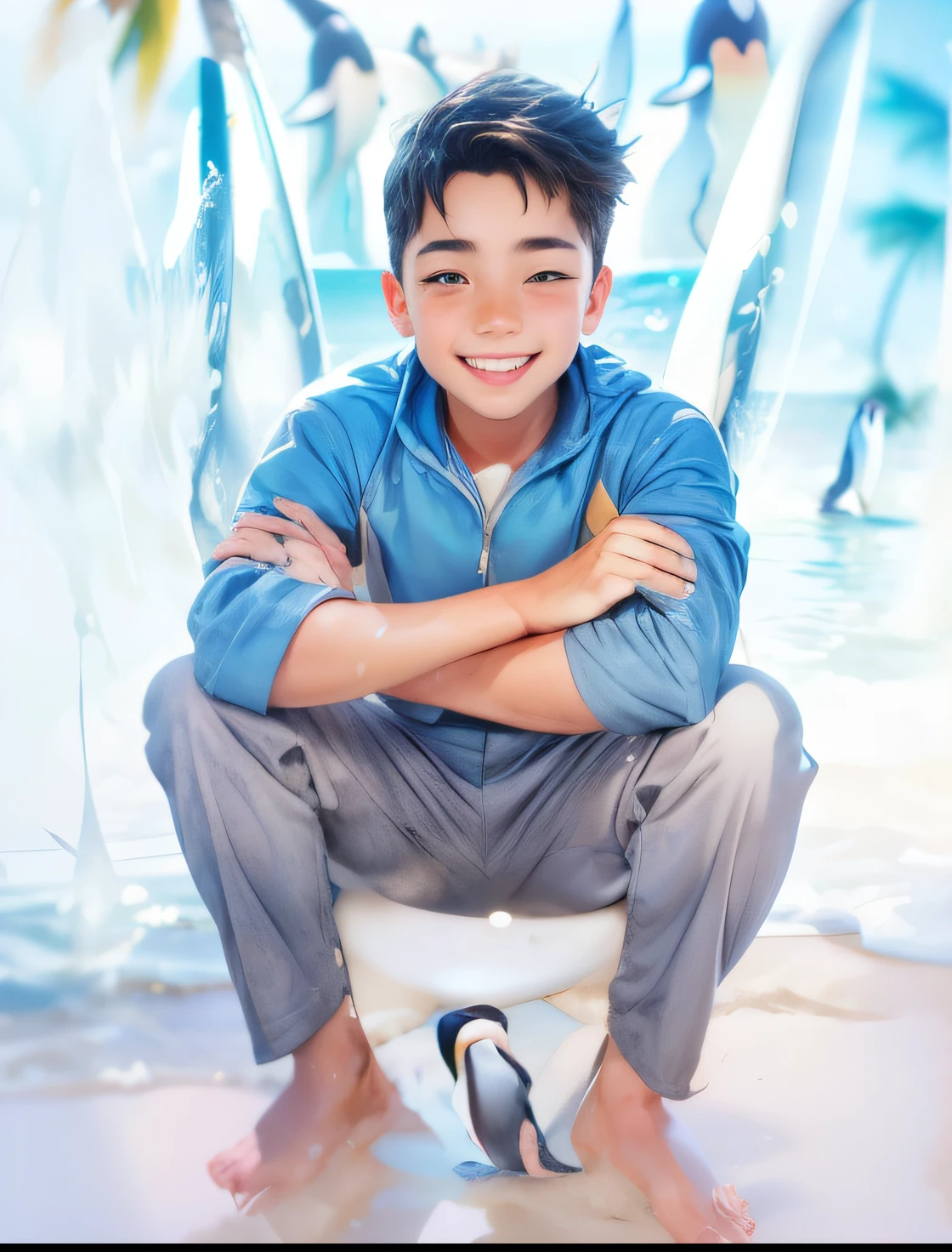 A boy playing with penguins, a sunny beach, surfing, illustrations, vibrant colors, best quality, realistic, detailed eyes, beautiful lips, playful atmosphere, joyful expression, flowing beach dress, surfing board, waves, palm trees, warm sunlight, cool sea breeze, sandy beach, happy penguins, water splashes, clear blue sky, summer vibes, endless horizon.