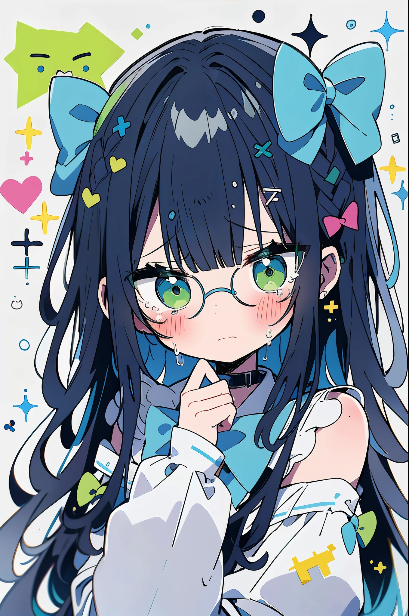 1girl, solo, long hair, looking at viewer, blush, bangs, shirt, black hair, long sleeves, bow, closed mouth, green eyes, blue hair, upper body, hair bow, multicolored hair, glasses, tears, two-tone hair, sleeves past wrists, crying, green bow, tearing up, crying with eyes open, colored inner hair