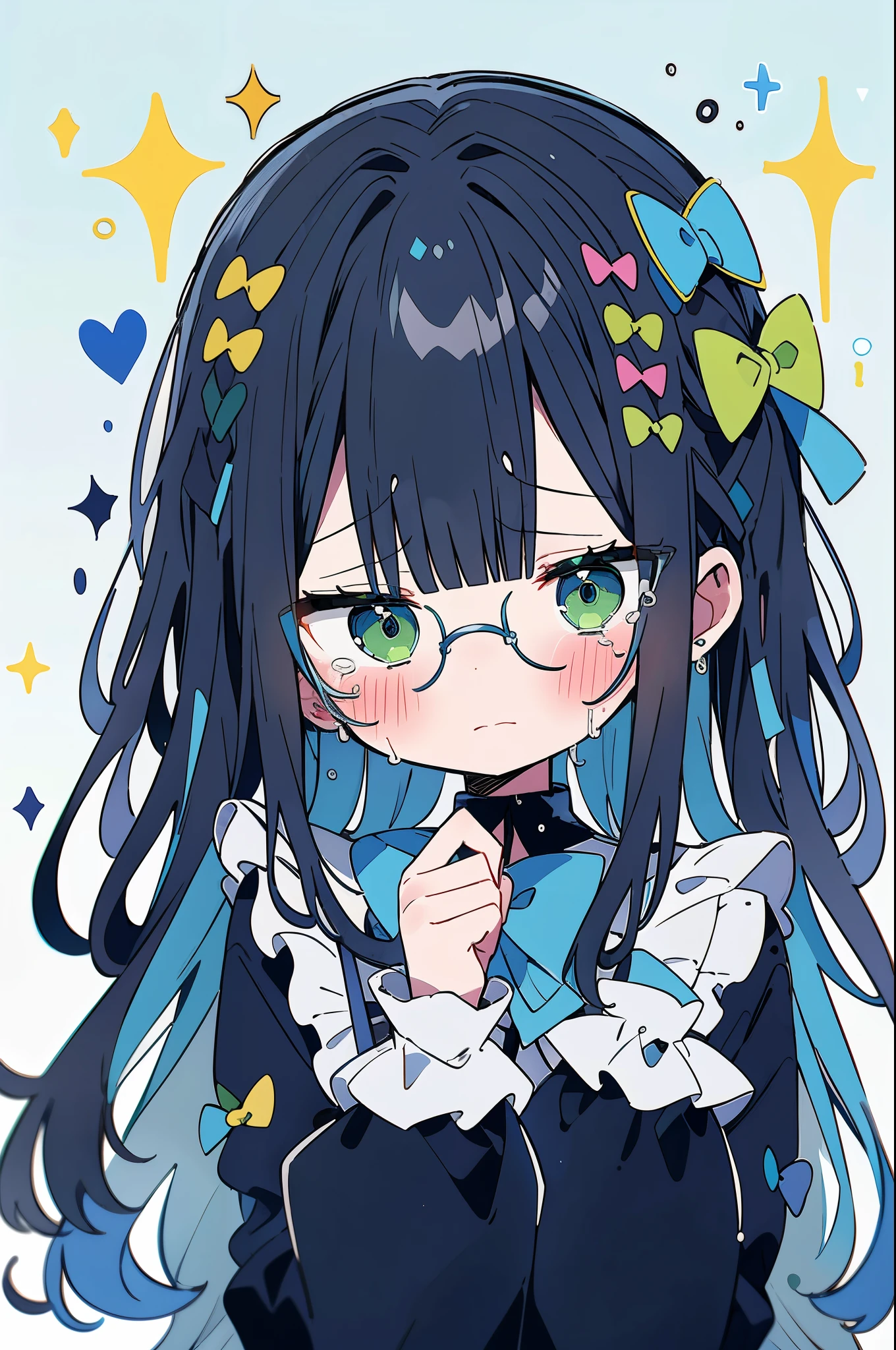 1girl, solo, long hair, looking at viewer, blush, bangs, shirt, black hair, long sleeves, bow, closed mouth, green eyes, blue hair, upper body, hair bow, multicolored hair, glasses, tears, two-tone hair, sleeves past wrists, crying, green bow, tearing up, crying with eyes open, colored inner hair