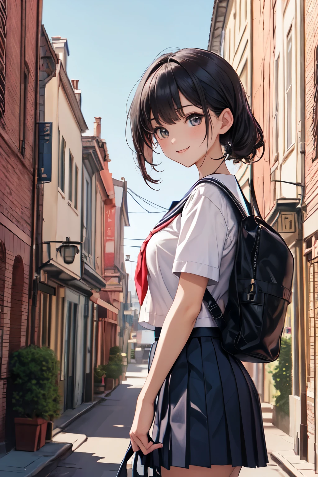 very cute and beautiful girl,(highly detailed beautiful face and eyes),(smile),looking at viewer,
black hair,serafuku,short sleeve,(pleated navyblue mini skirt),standing,holding school bag,
town street,front of brick wall,pink building,
(best quality,masterpiece),absurdres,highres,ultra-detailed,extremely detailed,32k,8k resolution,
intricate details,cinematic scene,detailed background,solo,dynamic angle,