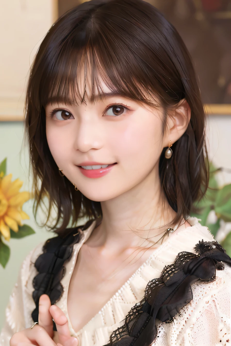 205 ((short hair)), 20-year-old female, Surrealism, Flower Smile、Beautiful teeth alignment、Brown Hair、ear piercing、Necklace around the neck、