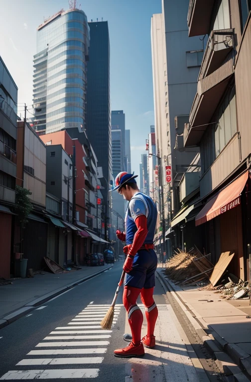 The city of Tokyo was accidentally destroyed.、Ultraman cleaning up after himself,
Using a broom and dustpan to clear away debris from the road。、