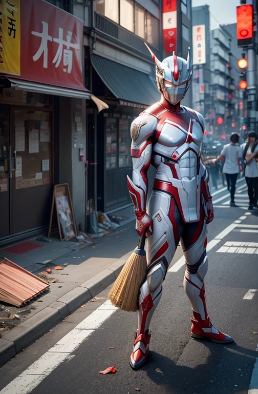 The city of Tokyo was accidentally destroyed.、Ultraman cleaning up after himself,
Using a broom and dustpan to clear away debris from the road。、