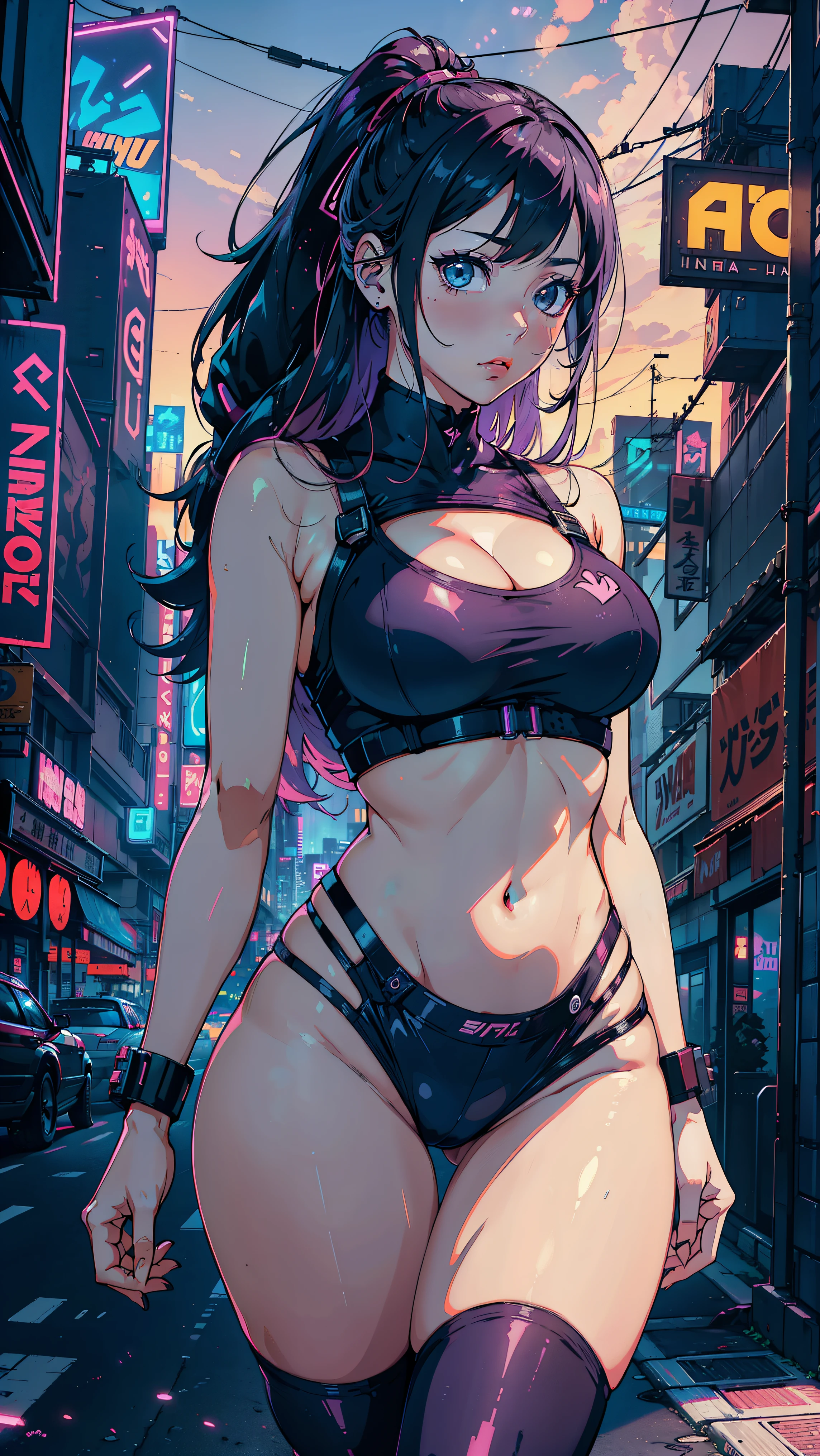 (Hinata Hyuga, Walking around the city, Very sensual, Older girls, In tight clothes, Cleavage, Big Ass, Thick legs, Training wear, Navel comes out, Long Hair, Rear speakers, Very realistic, View of the Cyberpunk City, Clearly defined lines, Neon Lights Very Sexy, 8k, 8k Very detailed), (Very delicate and beautiful), (masterpiece), (Better Quality: 1.0), (Ultra-high resolution:1.0), ((Synthwave Background Theme)),