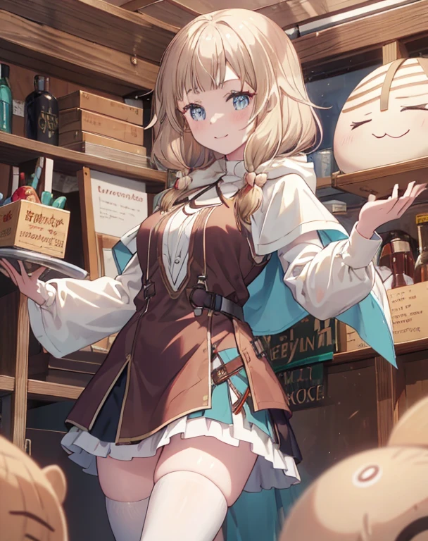 masterpiece, 1girl, sparrow, a blonde haired girl, wearing a brown viking clothes, curly medium hair, messy hair, slim body, wearing furry capelet with hoody, he close her left eye, shirt ornament, aqua eyes, sho show her back, ahoge, red vest, baby face, big breast, beautiful breasts, rounded breasts, braid hair, long sleeves, beautiful eyes, white stocking, droopy eyes, her age is 19 years old, smile, ancient viking 