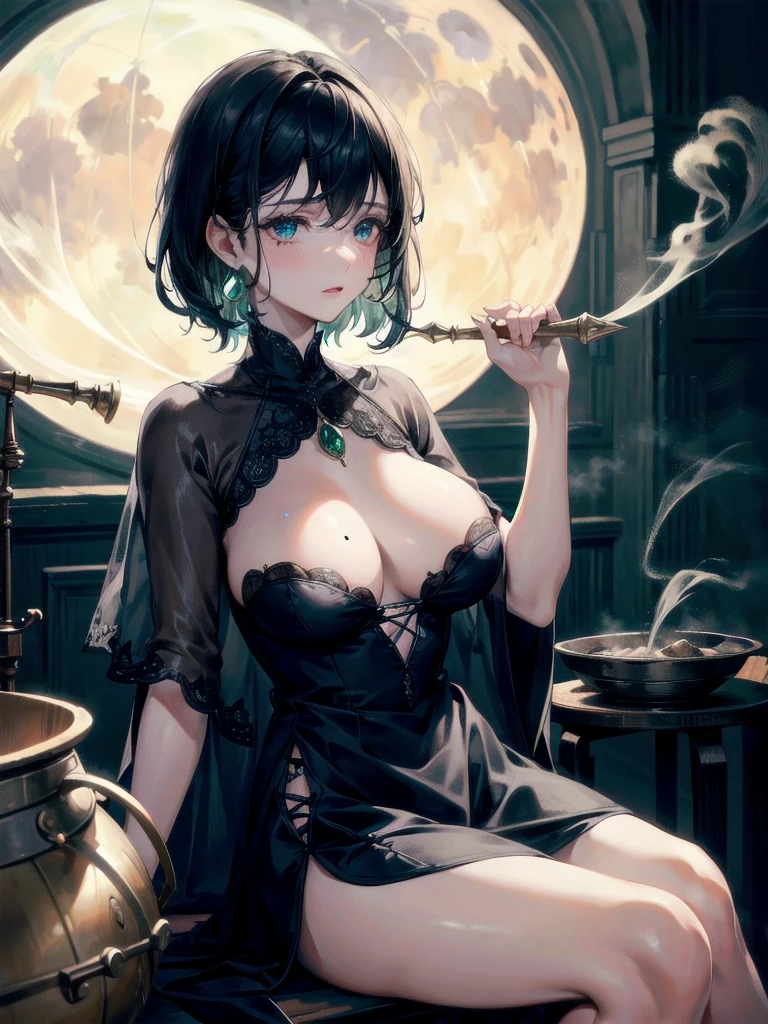 whole body, absurdres, RAW photo, extremely delicate and beautiful, masterpiece, Best Quality, ultra high resolution, 32k, hyperrealistic, ultra-detailed, perfect figure, tearful mole, earring, short medium hair, wavy hair, a beautiful witch in her alchemist room, working on her project with a steaming cauldron filled with green glowing smoke, against the backdrop of a fantasy night with a full moon and a view from the window, dressed in a traditional witch outfit, absurdres, RAW photo, extremely delicate and beautiful, masterpiece, Best Quality, ultra high resolution, 32k, hyperrealistic, ultra-detailed, detailed description, pale skin, 20 years old, detailed beautiful face and eyes, tearful mole, earring, Colossal tits, short medium hair, wavy hair,