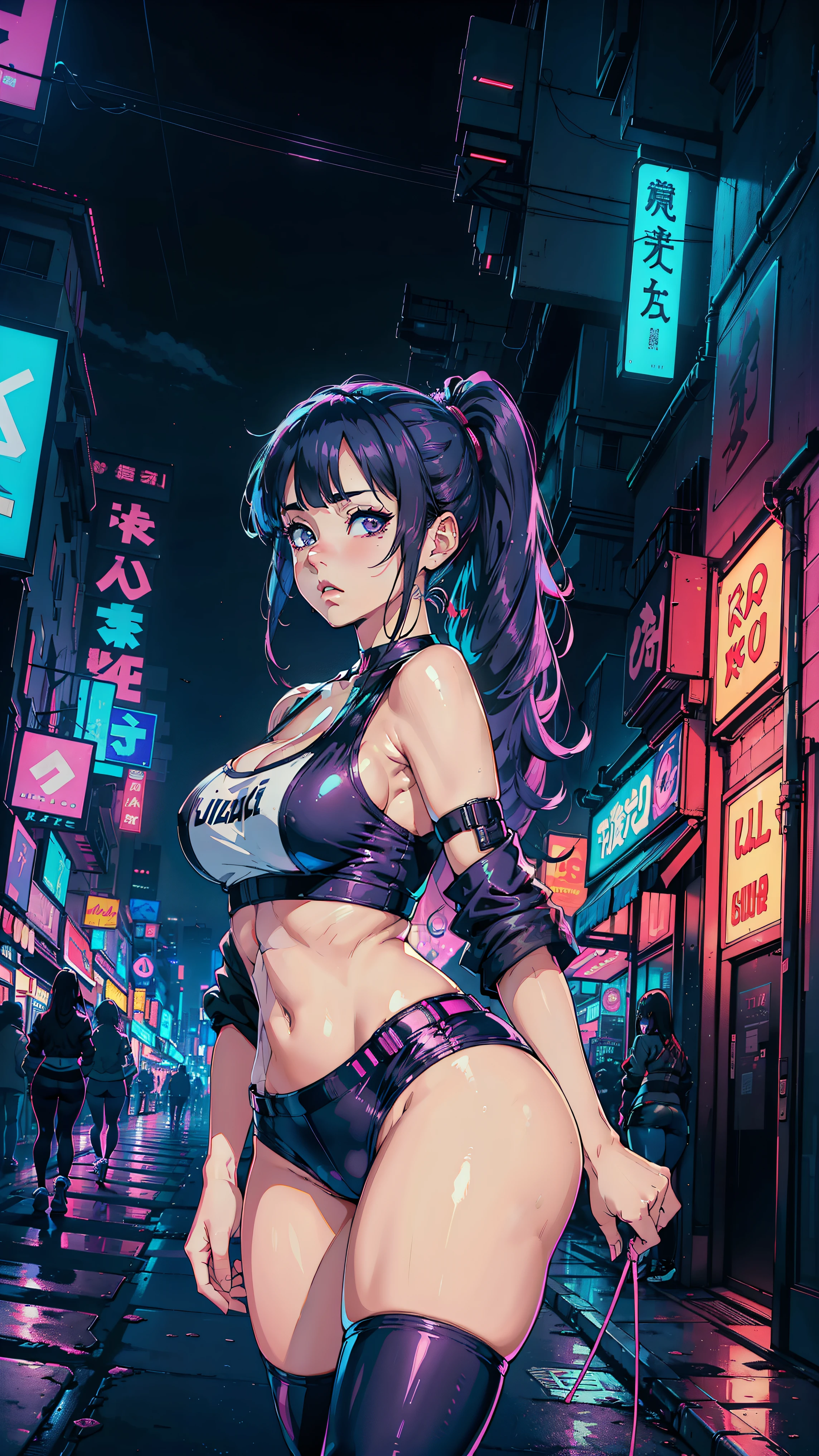 (Hinata Hyuga, Walking around the city, Very sensual, Older girls, In tight clothes, Cleavage, Big Ass, Thick legs, Training wear, Navel comes out, Long Hair, Rear speakers, Very realistic, View of the Cyberpunk City, Clearly defined lines, Neon Lights Very Sexy, 8k, 8k Very detailed), (Very delicate and beautiful), (masterpiece), (Better Quality: 1.0), (Ultra-high resolution:1.0), ((Synthwave Background Theme)),