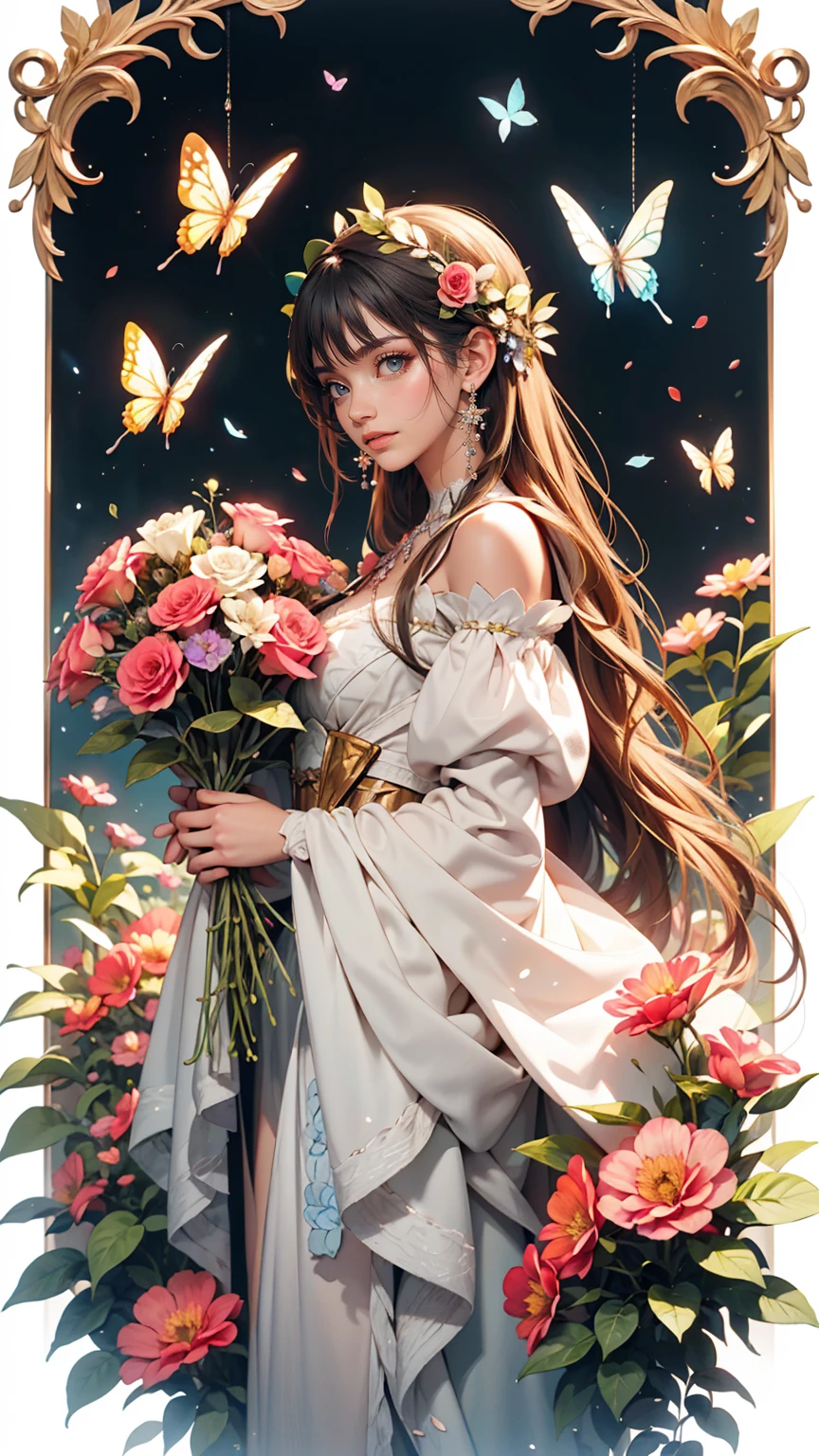 Beautiful girl in a fairy costume, Surrounded by flowers and butterflies. content: Watercolor. style: Whimsical and delicate, Like an illustration in a children's book.
