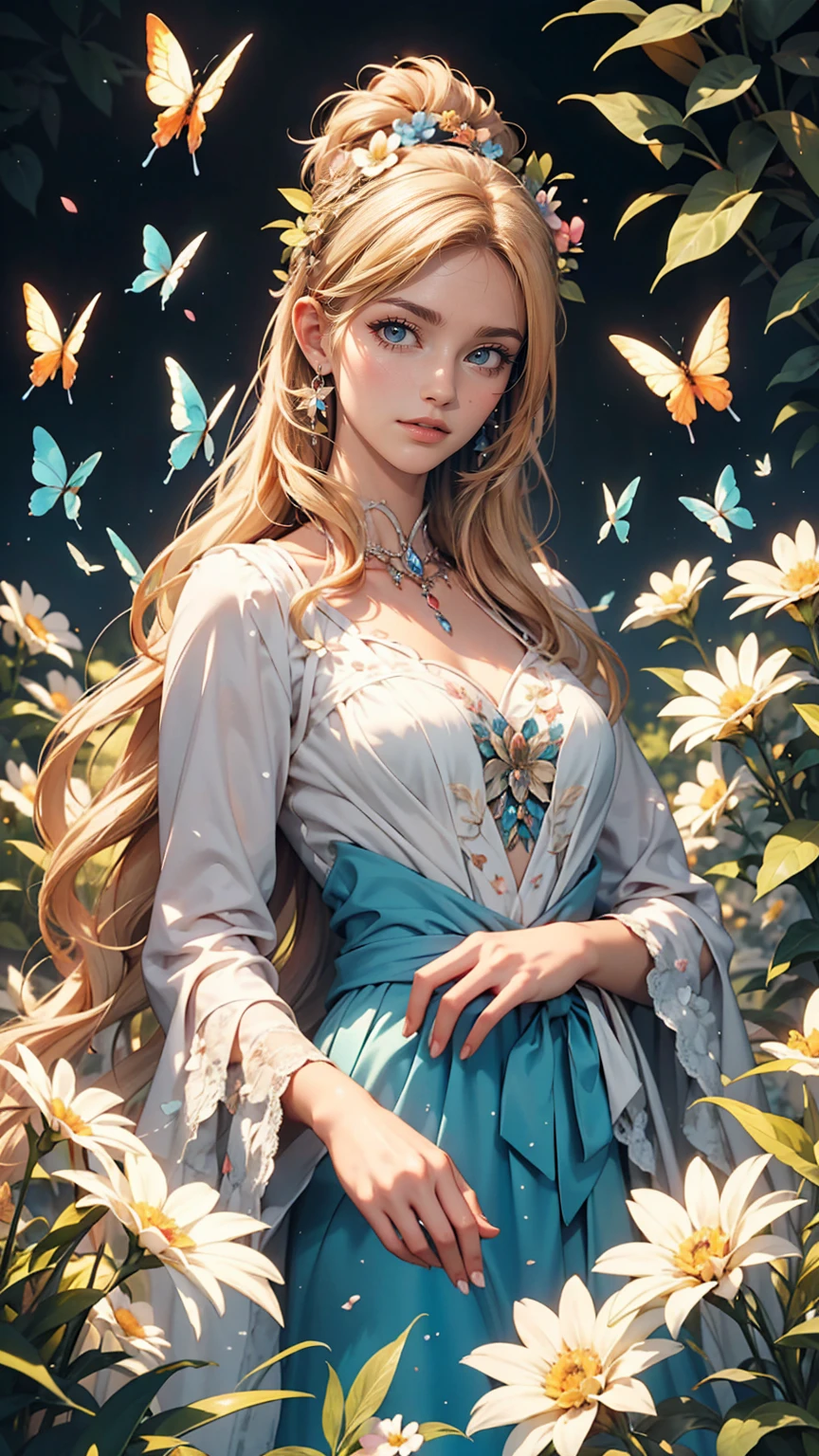 Beautiful girl in a fairy costume, Surrounded by flowers and butterflies. content: Watercolor. style: Whimsical and delicate, Like an illustration in a children&#39;s book.