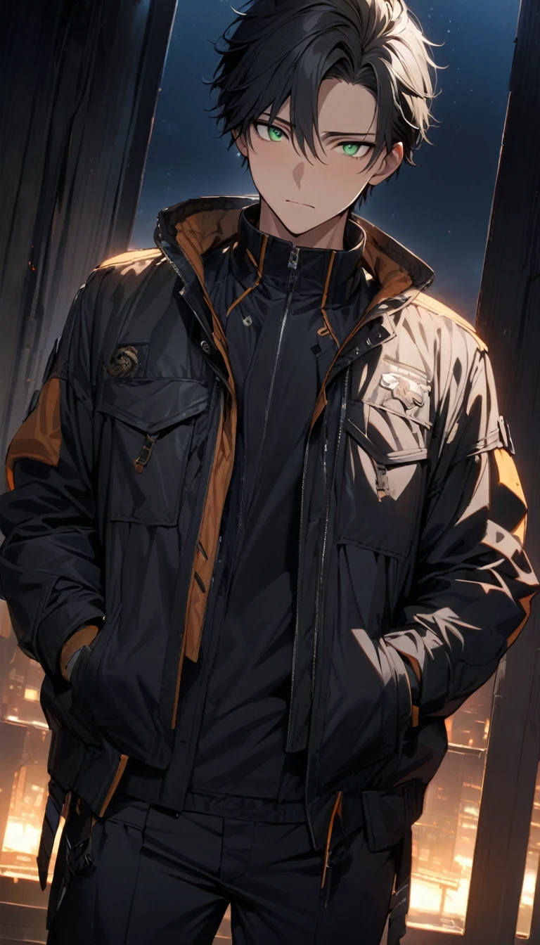 a handsome boy, 25 years old, black hair, short hair, green eyes, jacket, standing, no expression, night sky, masterpiece, best quality, ultra detailed, detailed eyes, cute eyes