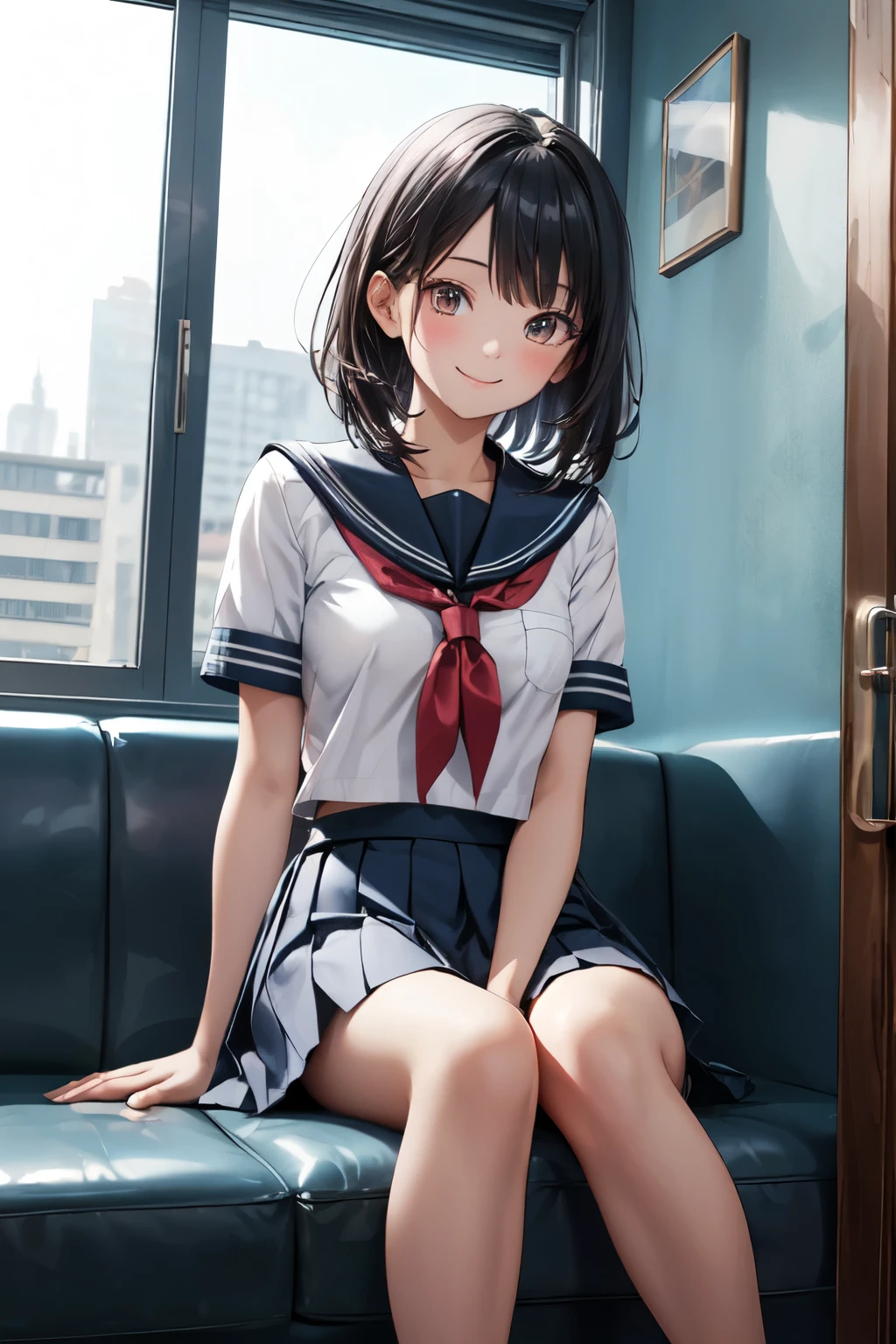 very cute and beautiful girl,(highly detailed beautiful face and eyes),
(smile),blush,looking at viewer,serafuku,short sleeve,pleated navy blue mini skirt,
black hair,sitting on sofa near elevator hall of small hostel,bag on floor,
(best quality,masterpiece),absurdres,highres,ultra-detailed,extremely detailed,32k,8k resolution,
intricate details,cinematic scene,detailed background,solo,dynamic angle,