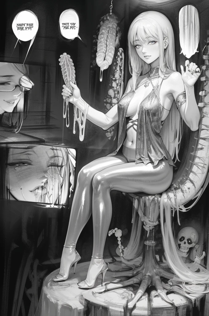 The beautiful girl in lace top and leggings is sitting astride a pile of skeletons in the center of the picture. She is holding a trembling sausage with juice squeezed out in her hand and smiling. There are multiple comic storyboards in the background，cbt, sausage bondage,sausage insertion,Sexy, trampling sausage with high heels heel,(masterpiece, best quality:1.2)，1 beautiful girl,sexy，comic storyboard:2, leggings, sit astride, axially symmetrical:2, ,femdom，sounding，cbt，hold，smile，colorful，leggings，thin gap，cameltoe，insertion，trembling，juice，spray， Long hair,Lace top,Sexy, Shiny leggings, High heel，cleveage, trampling, in forest, saliva , Mucus，