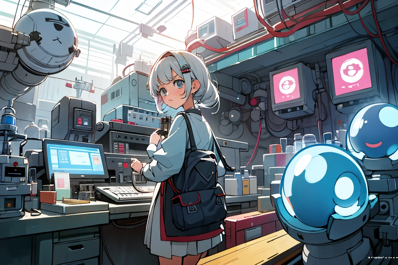 Lots of machineecha、Girl wearing a machine、Fine equipment、Laboratory