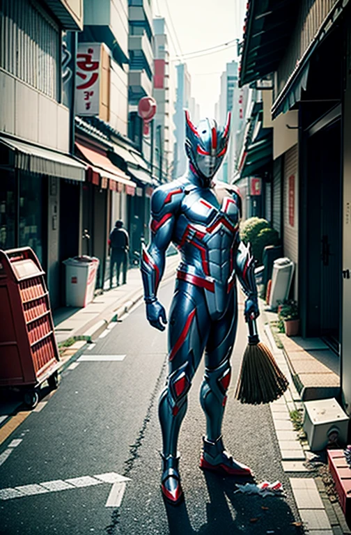 I accidentally destroyed the city of Tokyo.、Ultraman cleaning up after himself,
Using a broom and dustpan to clear away debris from the road。、