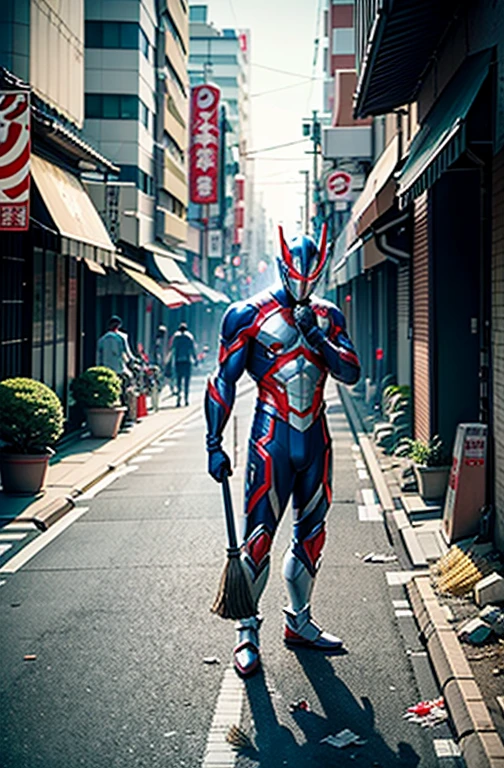 I accidentally destroyed the city of Tokyo.、Ultraman cleaning up after himself,
 Using a broom and dustpan to clear away debris from the road。、