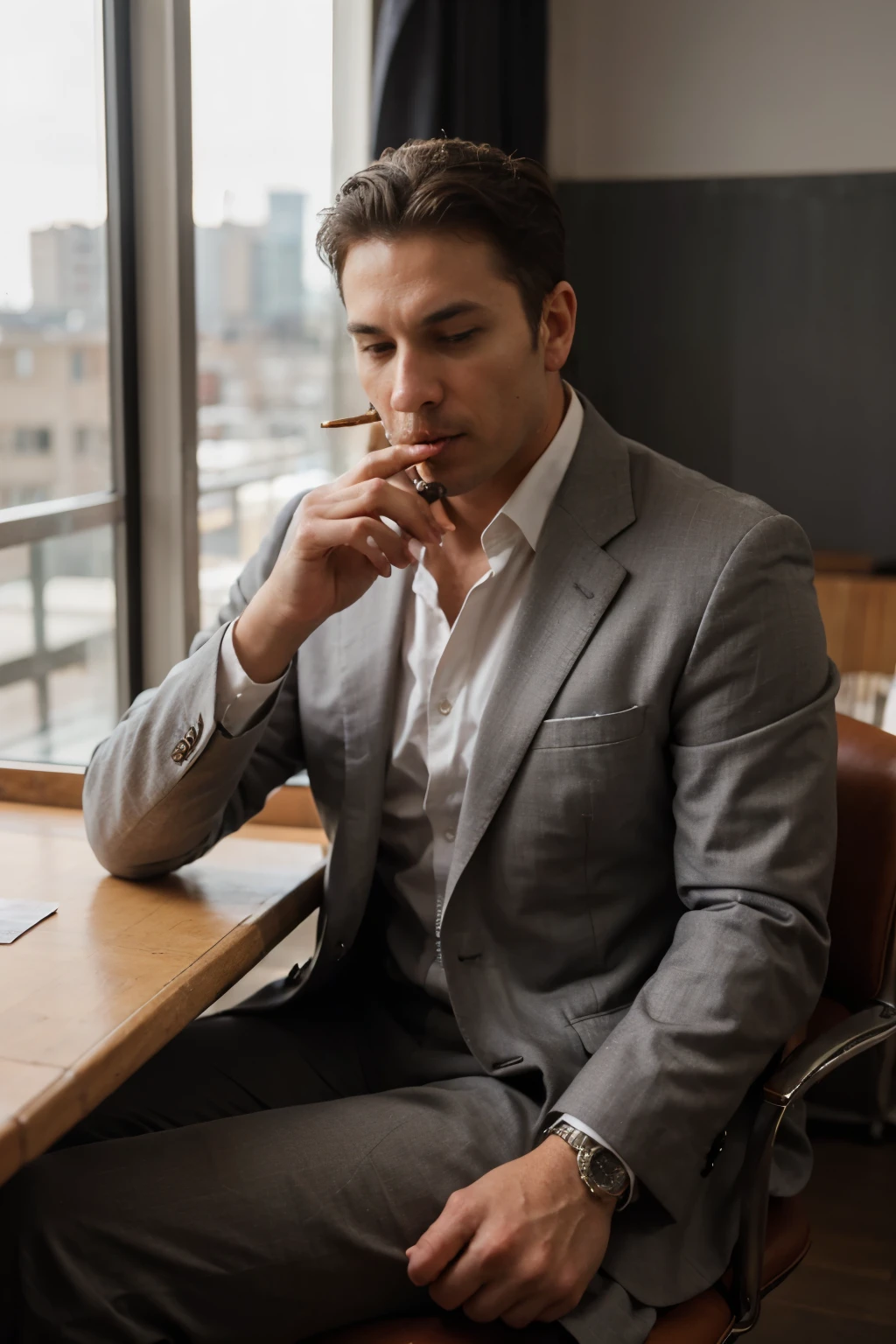 A wealthy man in good physical shape in a business suit sits at a table smoking a cigar