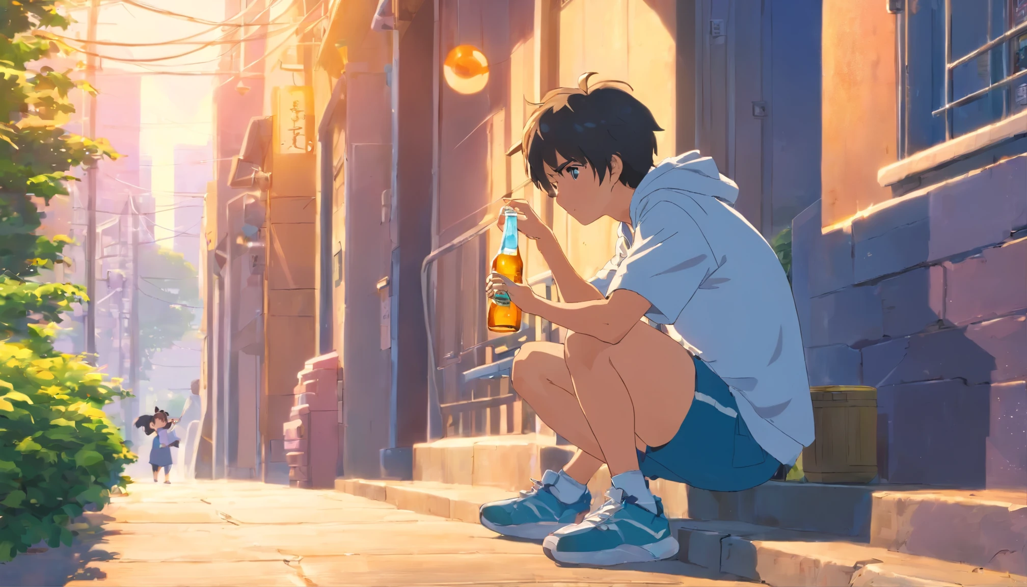 anime boy sitting on the wall,Holding a beer bottle and a dog, commend, Praise Artstyle, Lofi Art, commend feel, commend vibes, Xin Haicheng Cyril Rolando, commend aesthetics, ( ( Xin Haicheng ) ), Xin Haicheng's style, commend-girl, commend hip hop, Xin Haicheng!