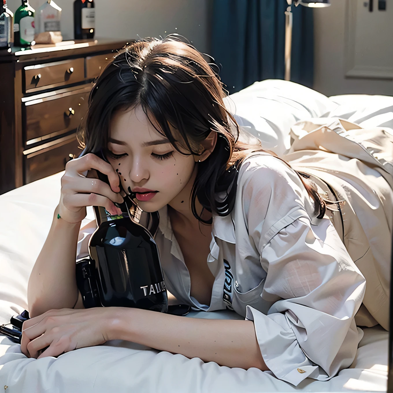 (8k, RAW photos, best quality, masterpiece, : 1.2), (realistic, photorealistic: 1.37), (1 girl, solo: 1.3), office lady 24 years old Japan girl, office lady, black hair, (disheveled hair, unkempt hair: 1.3), labor, hard work, social work, overwork, exhaustion, bed, from above, (lying on the bed, sleeping on the bed, Legs spread, sleeping, eyes closed, mouth open: 1.5), sad expression of despair, bedroom, (dark room, night, indirect lighting: 1.3), small bust, wearing glasses, (office lady, shirt, skirt, pantyhose: 1.4), (disheveled clothing: 1.4), sloppy posture, (littered with garbage, garbage bags, messy room, messy clothes, Empty cans lying on the floor, bottles of liquor lying on the floor, half-eaten sweets on the floor: 1.3), spilled potato chips, energy drinks, ultra-high resolution, physically based rendering, cinematic lighting, dynamic angles