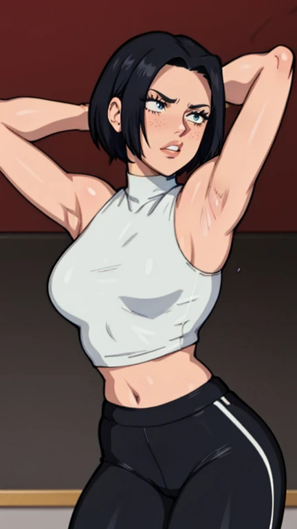 gym background、Super detailed illustrations、angry expression、masterpiece、highest quality、ultra high resolution、high resolution、(Sweat、body fluid)、shiny skin、black hair、very short hair、color red eyes、white croptop turtleneck、sleeveless、Standing picture、hot pants、put hands behind head, armpits, armpits visible, very small breasts, big eyes