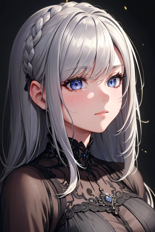 highly detailed, 8k, masterpiece, 1girl, Grey two-tone_hair, dress , , (perfect_face), ornate, intricate, dramatic lighting, 4k, detailed_background, caustics, portrait, , from_side