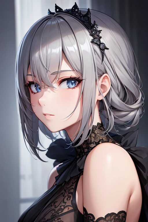 highly detailed, 8k, masterpiece, 1girl, Grey two-tone_hair, dress , , (perfect_face), ornate, intricate, dramatic lighting, 4k, detailed_background, caustics, portrait, , from_side