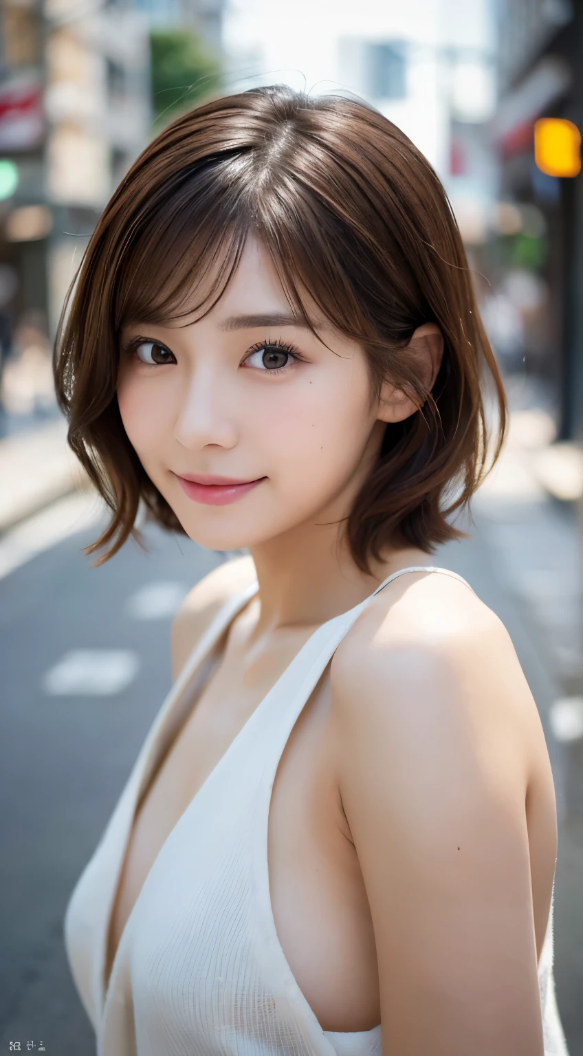 (highest quality,8K quality,masterpiece:1.3,),(超A high resolution:1.3,Photorealistic:1.4,Raw photo:1.2),(Ultra-detailed:1.2,Glowing Skin,Detailed skin:1.1),(Detailed face,Perfect Anatomy,Caustics:1.2), (Symmetrical eyes:1.3),1 girl,cute,Japanese,22 years old,Japanese Ido,Natural brown hair,Short hair curled outwards,cute目,Natural Makeup,Laughter,Looking at the camera,On the face,Face Focus,Street Corner,Professional Writing,Natural soft light,Completely naked,NSFW