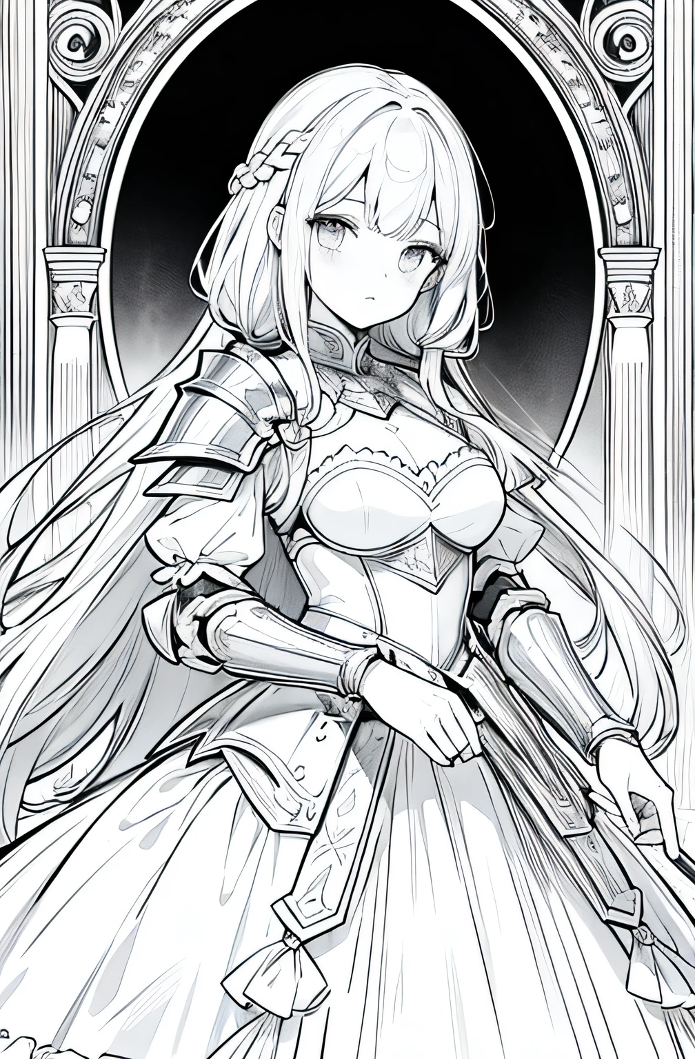 Coloring book,Black and White,Line art,Convert the given image of a beautiful fantasy girl with long braided hair, wearing intricate knight armor and a frilly outfit, into a detailed coloring page. Ensure the outline is clear and defined, suitable for coloring. Maintain the details of her armor, hair, and clothing accessories. Remove any background elements to focus solely on the character.