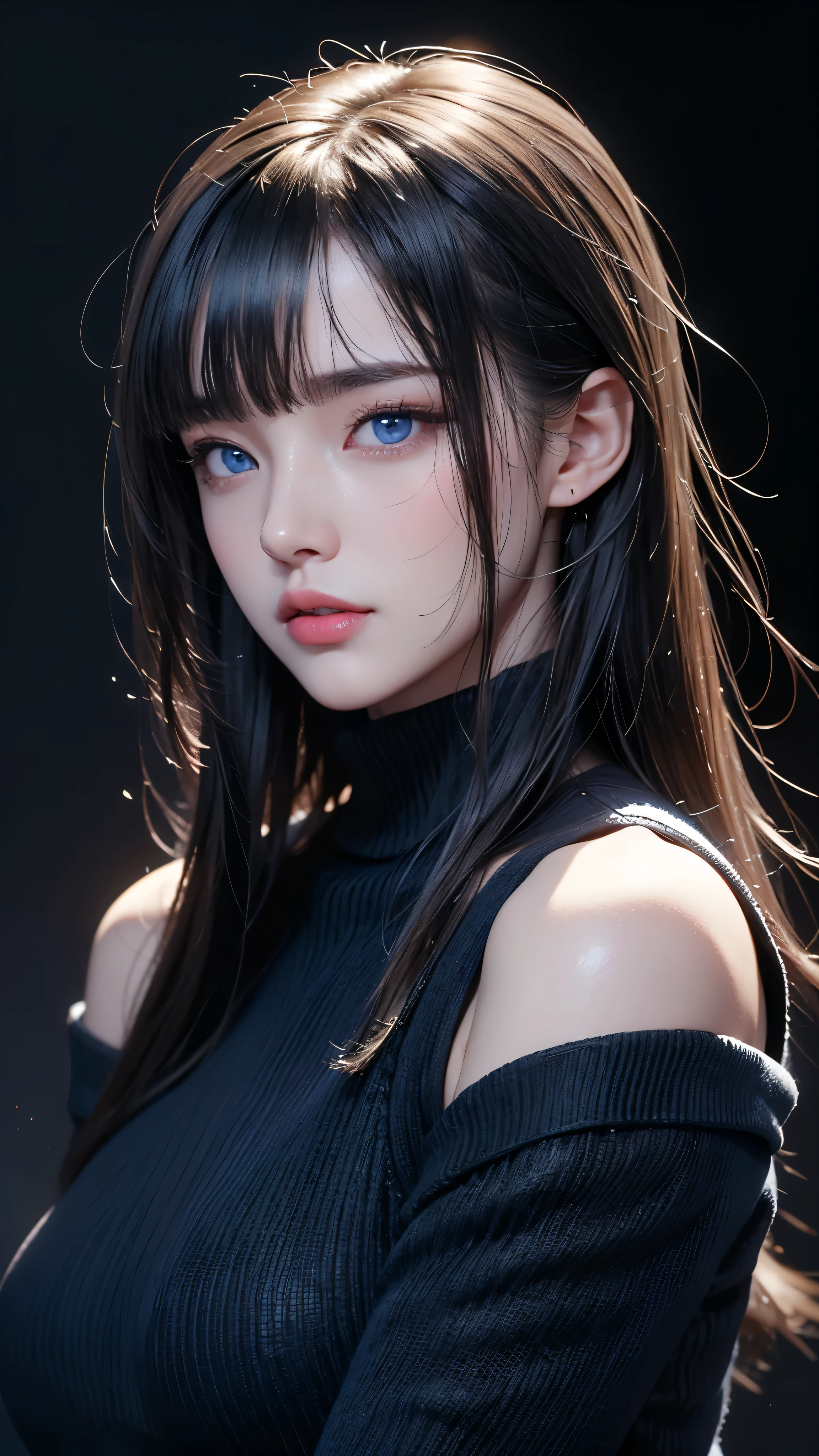 masterpiece, highest quality, Super detailed, Facing the camera, Super detailed, Realistic, Sharp features, Very detailed, Sharp focus, Perfect Face, Perfect Face, Perfect symmetrical perfect eyes, Perfect Plump Lips, Flexible female form, Cinematic, Film Light, Super detailed, hyper Realistic, masterpiece, Atmospheric, High resolution, Vibrant, Dynamic Studio Lighting, ((Dark Background)), The expression when enduring pleasure, Straight bangs, blue eyes,Black sweater, Cowboy Shot,turtleneck、first round、Sexually aroused expression
