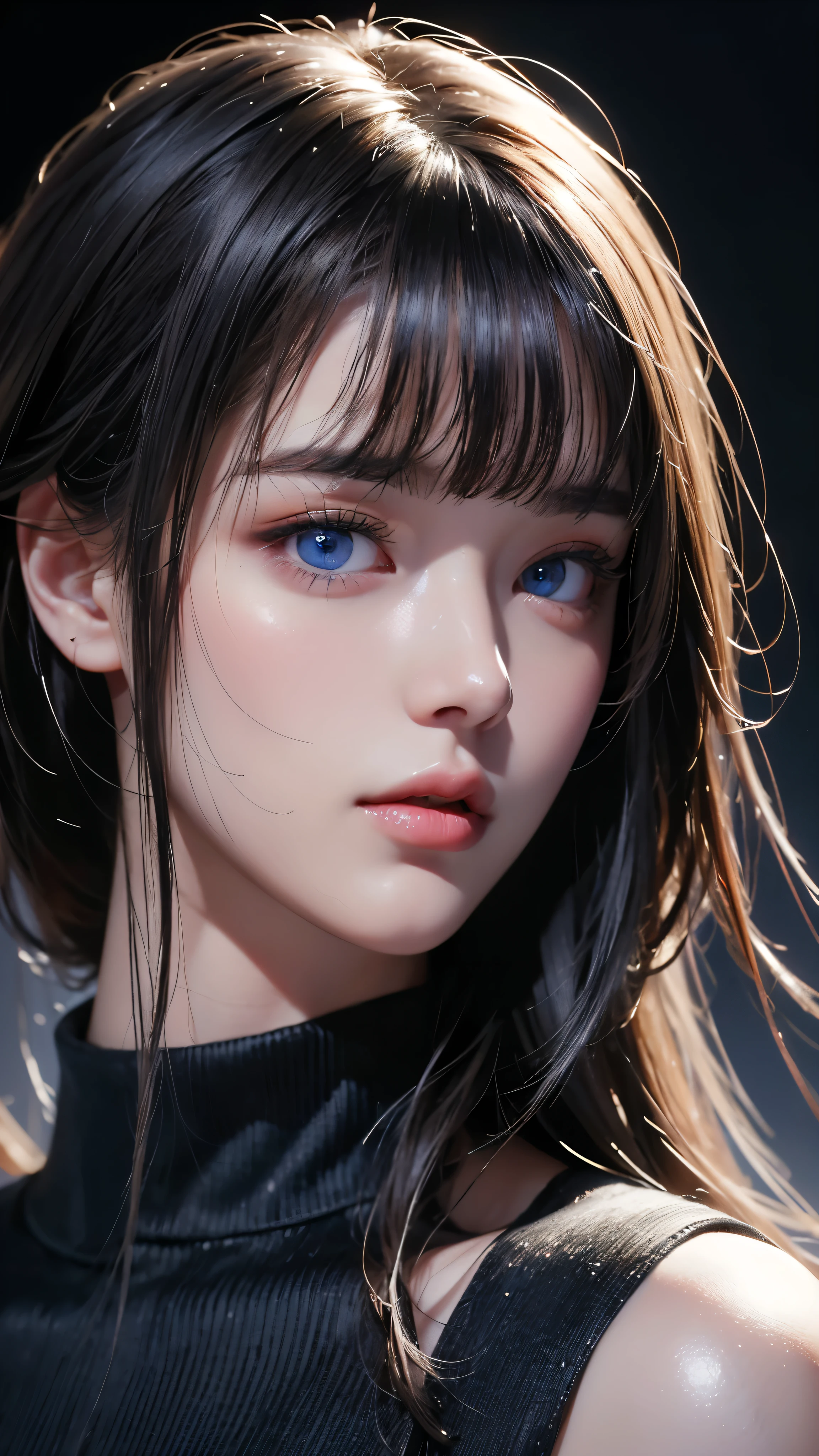 masterpiece, highest quality, Super detailed, Facing the camera, Super detailed, Realistic, Sharp features, Very detailed, Sharp focus, Perfect Face, Perfect Face, Perfect symmetrical perfect eyes, Perfect Plump Lips, Flexible female form, Cinematic, Film Light, Super detailed, hyper Realistic, masterpiece, Atmospheric, High resolution, Vibrant, Dynamic Studio Lighting, ((Dark Background)), The expression when enduring pleasure, Straight bangs, blue eyes,Black sweater, Cowboy Shot,turtleneck、first round、Sexually aroused expression