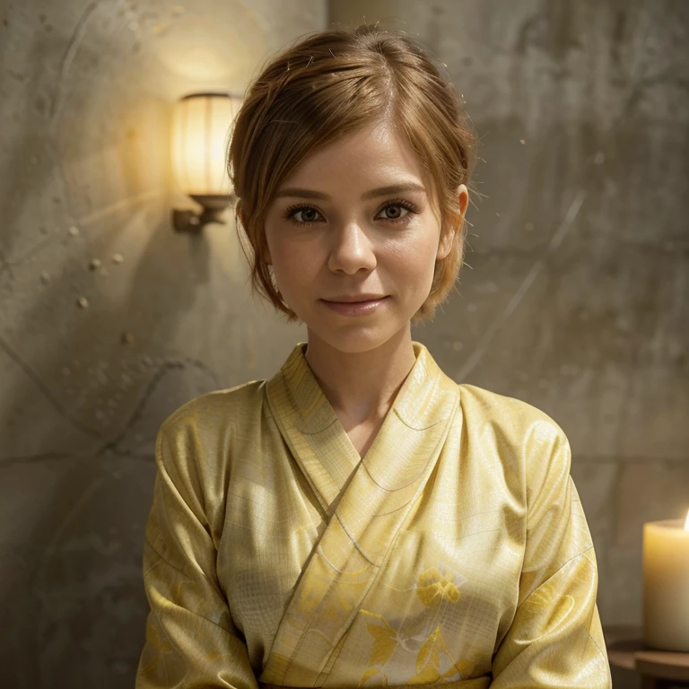 (Kate Mara: 1.0), ((fitt)), she is in a ((highly detailed japanese kimono)), realistic warm lighting, dreamy and ethereal, magical, ((yellow light)), gentle, ((Seductive Smile: 0.8)), pixie hair, short hair, Warm, ( zoom out portrait), ((looks into the camera)), ((posing to the camera)), single person, concept art, masterpiece, ultrarealistic, (eroded concrete wall background), bedroom, candles