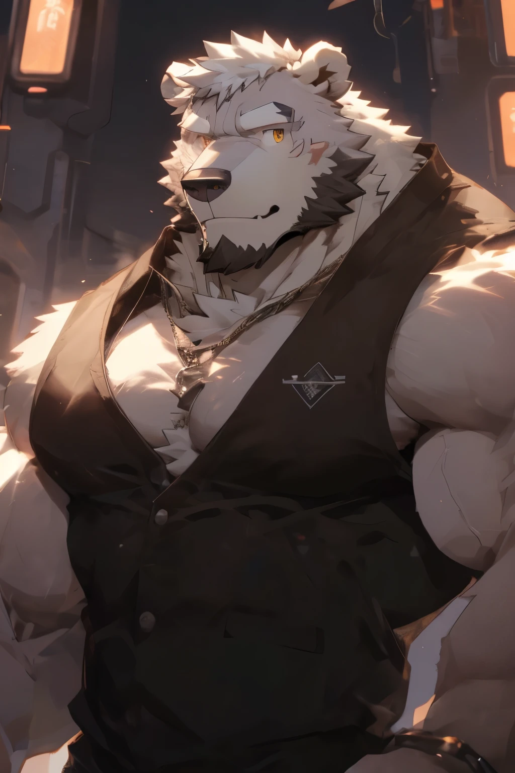 background of futur，Containment room，Perfect lighting，High-tech equipment，White light，muscle，巨大的muscle，Chiseled abdominal muscles，Huge pectoral muscles，Vest，Facial Confidence，He stood there confidently.，aldult，他的Vest是黑色的，White shorts，big eyes，Golden Eyes，anthropology(polar bear)，Frontal facial description，Full body portrait of an individual。Solitary，Smile，First-person perspective。