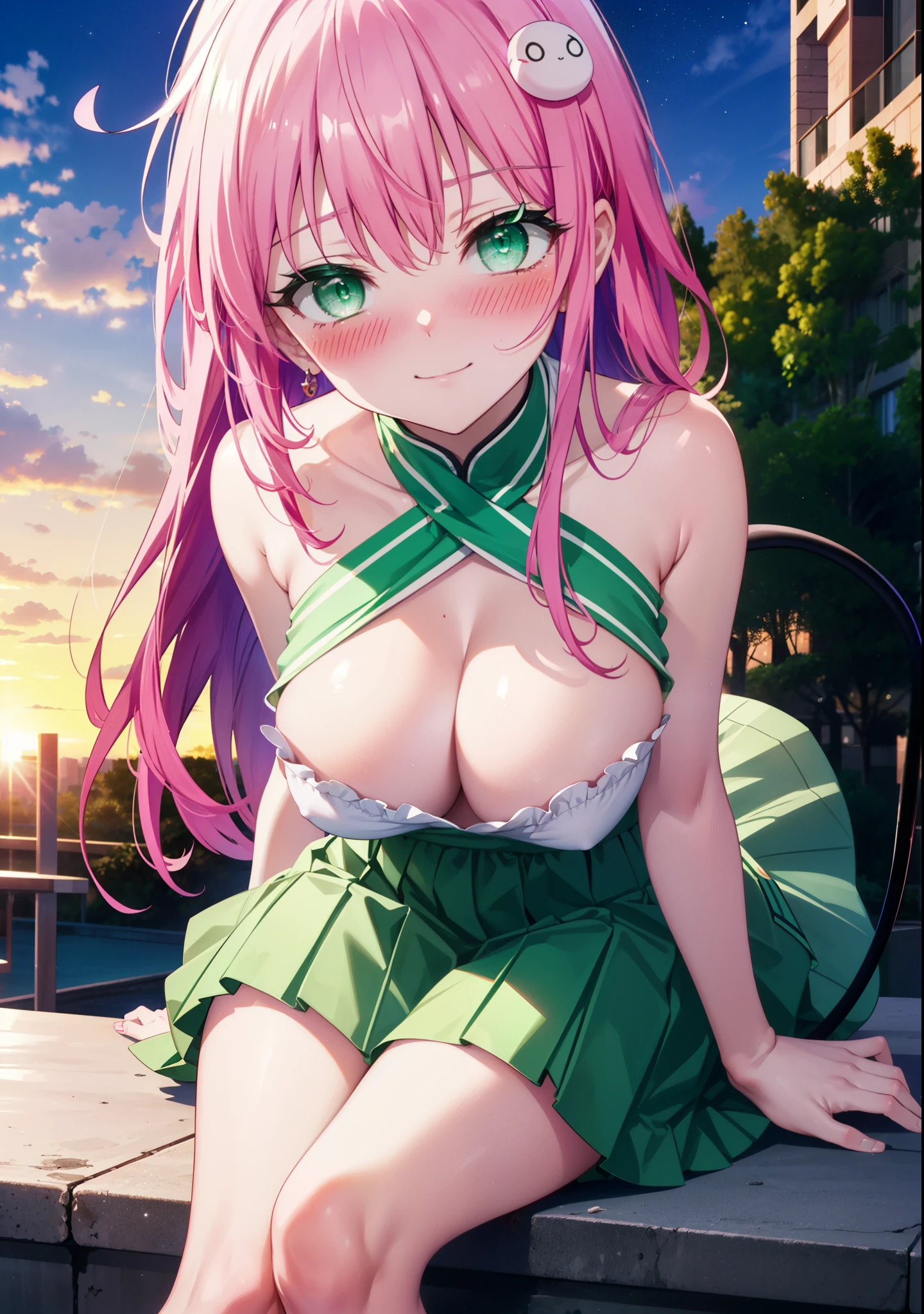 Laradevi Luke, Lara Deviluke, Long Hair, Pink Hair, tail, Ahoge, bangs, hair ornaments, (Green Eyes:1.5), smile,blush,Big Breasts,
break demon tail, Cordo shoulder top,Long skirt,Stiletto heels,The sun is setting,Sunset,evening,Sitting on the steps in the park,whole bodyがイラストに入るように,
break outdoors, 公園
break looking at viewer, whole body,
break (masterpiece:1.2), highest quality, High resolution, unity 8k wallpaper, (shape:0.8), (beautiful detailed eyes:1.6), extremely detailed face, Perfect lighting, extremely detailed CG, (Perfect hands, Perfect Anatomy),