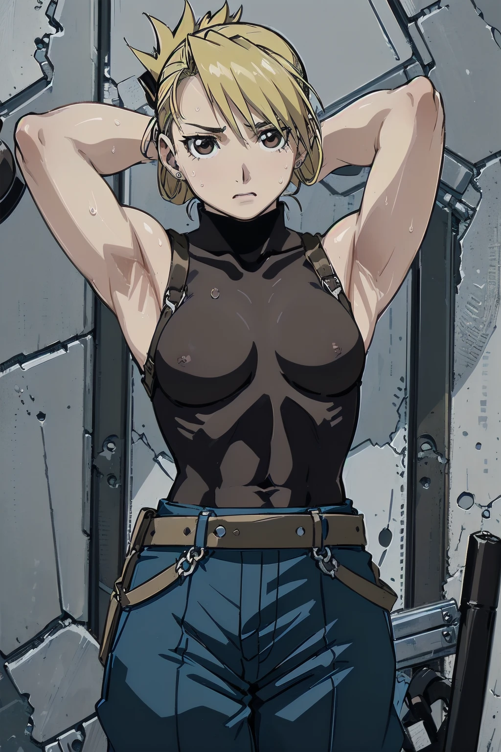 masterpiece, highest quality, High resolution, One Girl, Hamriz, ponytail, Brown eyes,big , Black Shirt, Tight shirt, holster, Short sleeve, belt, Covered navel, Blue pants,Outdoor、Natural light、bright、Upper body close-up、Muscular body、blush、Sweat、Composition from the front、anime、(((Close-up of a person、Arms behind head、Raise your arms、cute、Both armpits exposed、Sweat、Look forward)))