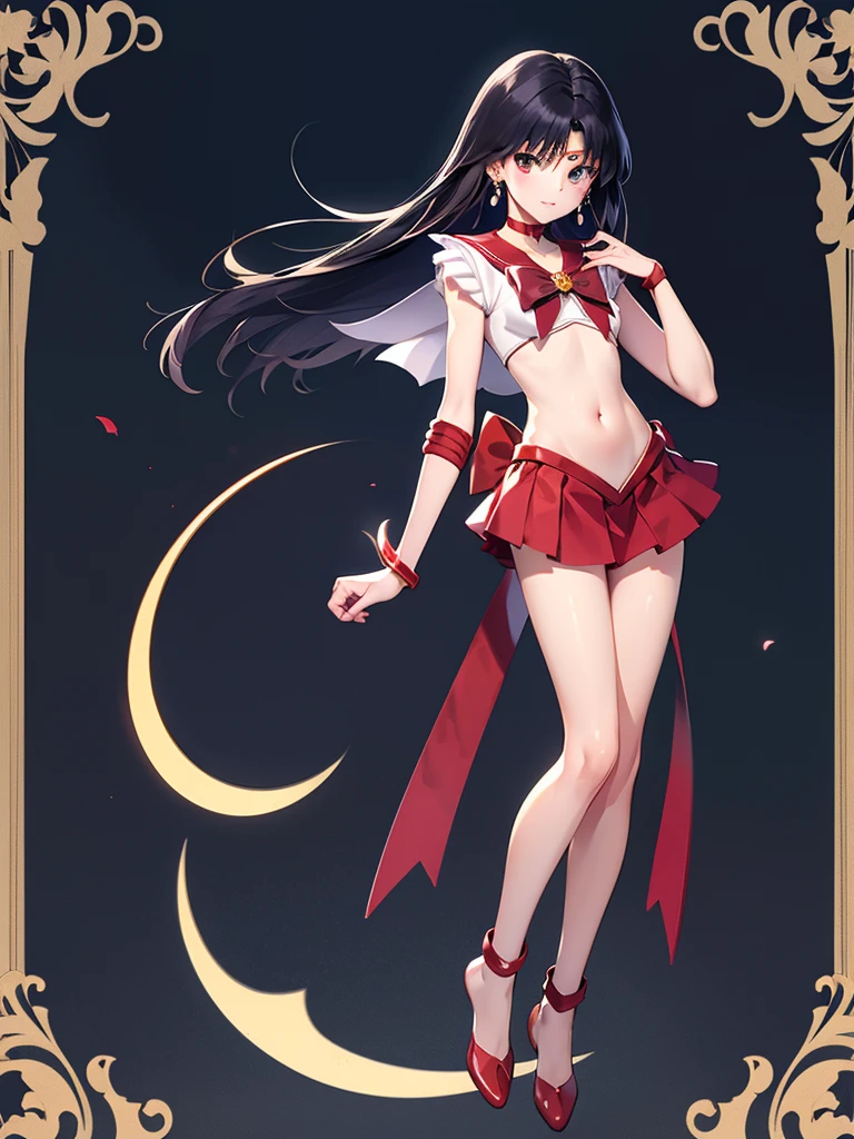 masterpiece, best quality, 1girl,solo, ReiHino, (sailor mars, neck ribbon, 10 years old, (flat chest), long hair, circlet, jewelry, crescent earrings), looking through legs, full body,