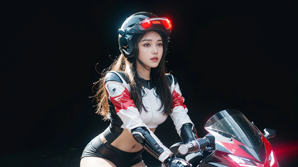 Best image quality, Excellent details, Ultra-high resolution, (realism: 1.4), Best illustrations, Favorite Details, Very condensed one girl, Delicate and beautiful features, Wearing a black and red mecha, Wearing a mecha helmet, Hold the directional controller, Riding on motorcycle, The background is a futuristic city high tech lighting scene.
