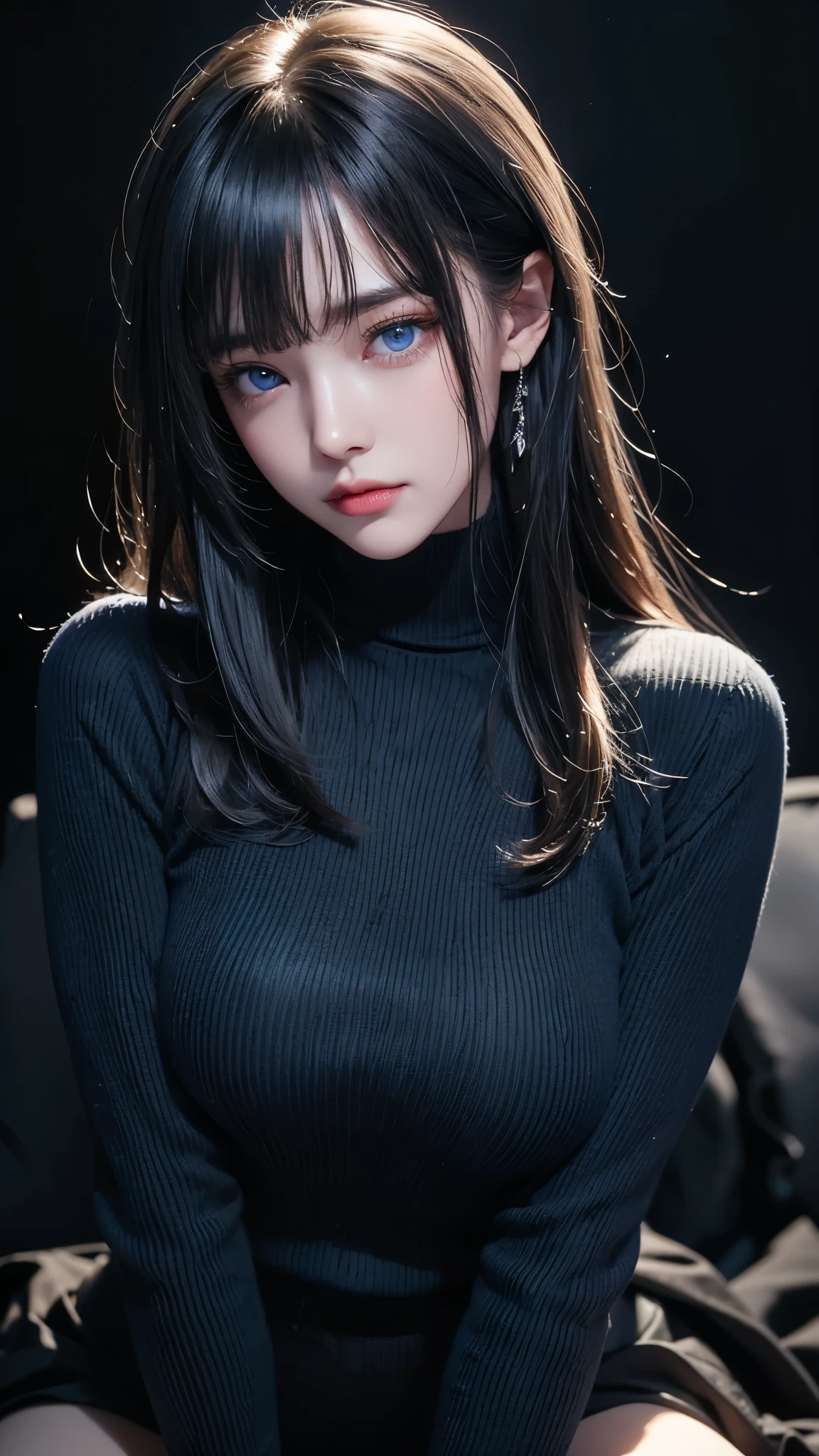 masterpiece, highest quality, Super detailed, Facing the camera, 複雑に詳細なSuper detailed, Realistic, Sharp features, Very detailed, Sharp focus, Perfect Face, Perfect Face, Perfect symmetrical perfect eyes, Perfect Plump Lips, Flexible female form, Cinematic, Film Light, Super detailed, hyper Realistic, masterpiece, Atmospheric, High resolution, Vibrant, Dynamic Studio Lighting, ((Dark Background)), The expression when enduring pleasure, Straight bangs, blue eyes,Black sweater, Cowboy Shot,turtleneck、first round、Sexually aroused expression
