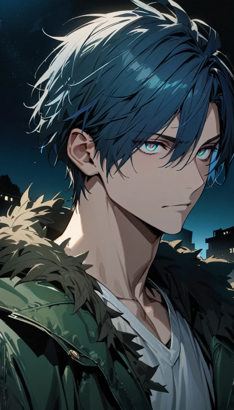 wild man, a handsome boy, 30 years old, ultramarine blue hair, short hair, dark emerald green eyes, jacket, no expression, night sky, masterpiece, best quality, ultra detailed, detailed eyes, cool eyes