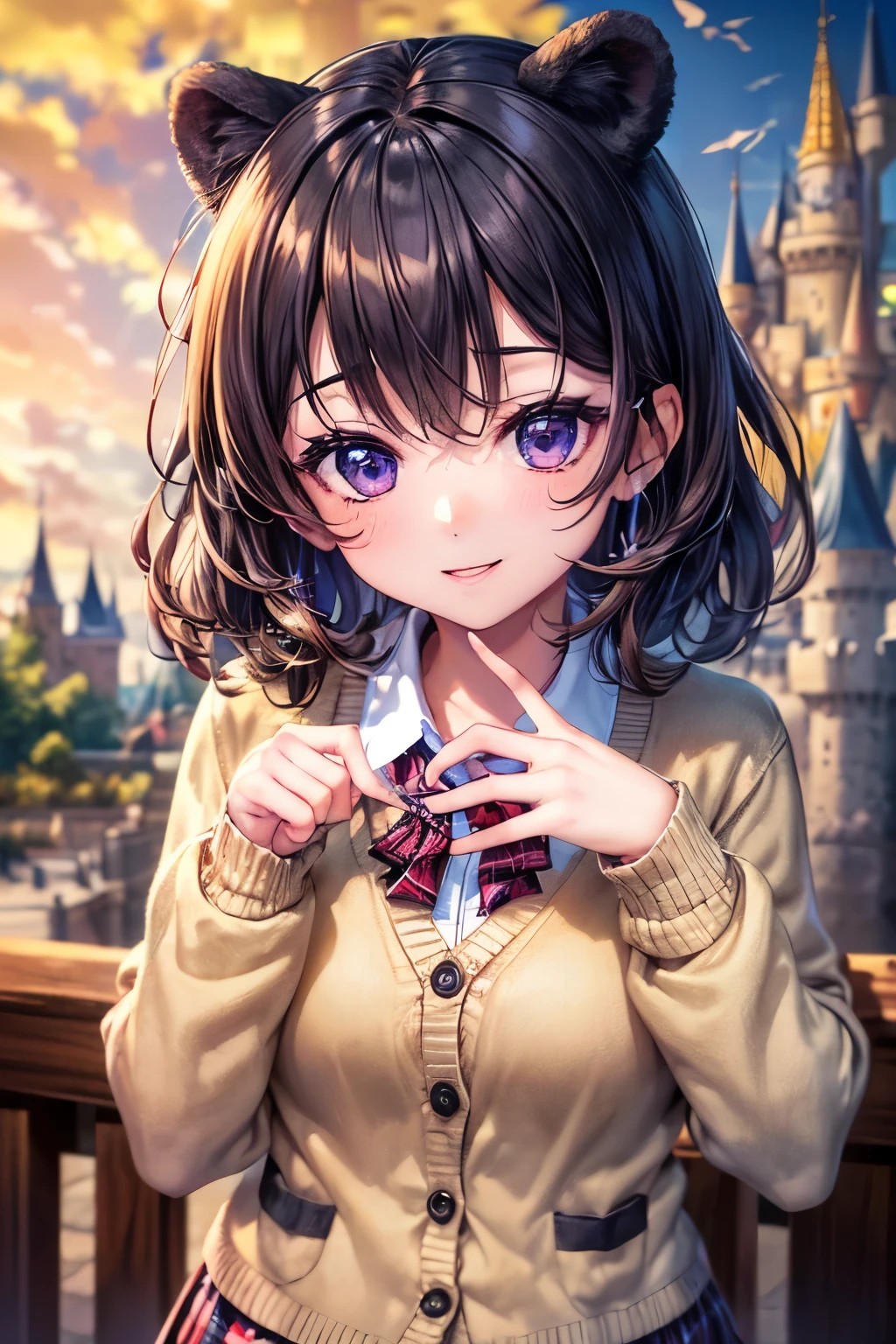 ((worst quality, low quality)), muste piece,best quality,Super detailed,masterpiece, (Castle:1.3), (Theme park castle background:1.2), ((Close-up)), ((face focus)), ((Kemonomimi girl with black bear ears:1.2)), solo, ((Black hair berry berry short:1.3)), plump and glossy lips, (Beautiful purple eyes:1.3), spoken word heart, (best smile), spoken word heart, (Cute Pose:1.2), (school uniform:1.2), (Beige cardigan fits the body:1.4), ((Long sleeves, sleeves past the wrist):1.2), (perfect hands:1.4), (White collar shirt underneath:1.3), ((raise button, Not loose):1.5), ((red check ribbon)), (red plaid pleated skirt:1.3), ((Dark Brown Pantyhose Afers):1.2), best quality, masterpiece, 32k,