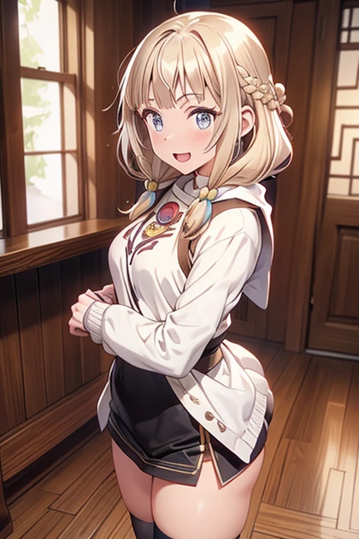 masterpiece, a girl 19 years old, sparrow, a silver blonde haired girl, wearing a brown viking clothes, curly medium hair, messy hair, slim body, wearing furry capelet with hoody, girl close her left eye, shirt ornament, aqua eyes, sho show her back, ahoge, red vest, baby face, small breast, beautiful breasts, rounded breasts, braid hair, long sleeves, beautiful eyes, white stocking, droopy eyes, smile, ancient viking , looking at viewer, open mouth, 