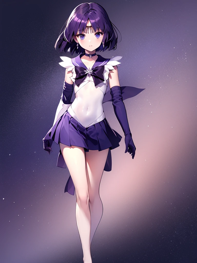 masterpiece, best quality, 1girl,solo,, HotaruTomoe, (sailor Saturn , purple hair, short hair, elbow gloves, neck ribbon, bangs, long hair, circlet), 10 years old, (flat chest),  looking through legs, full body,