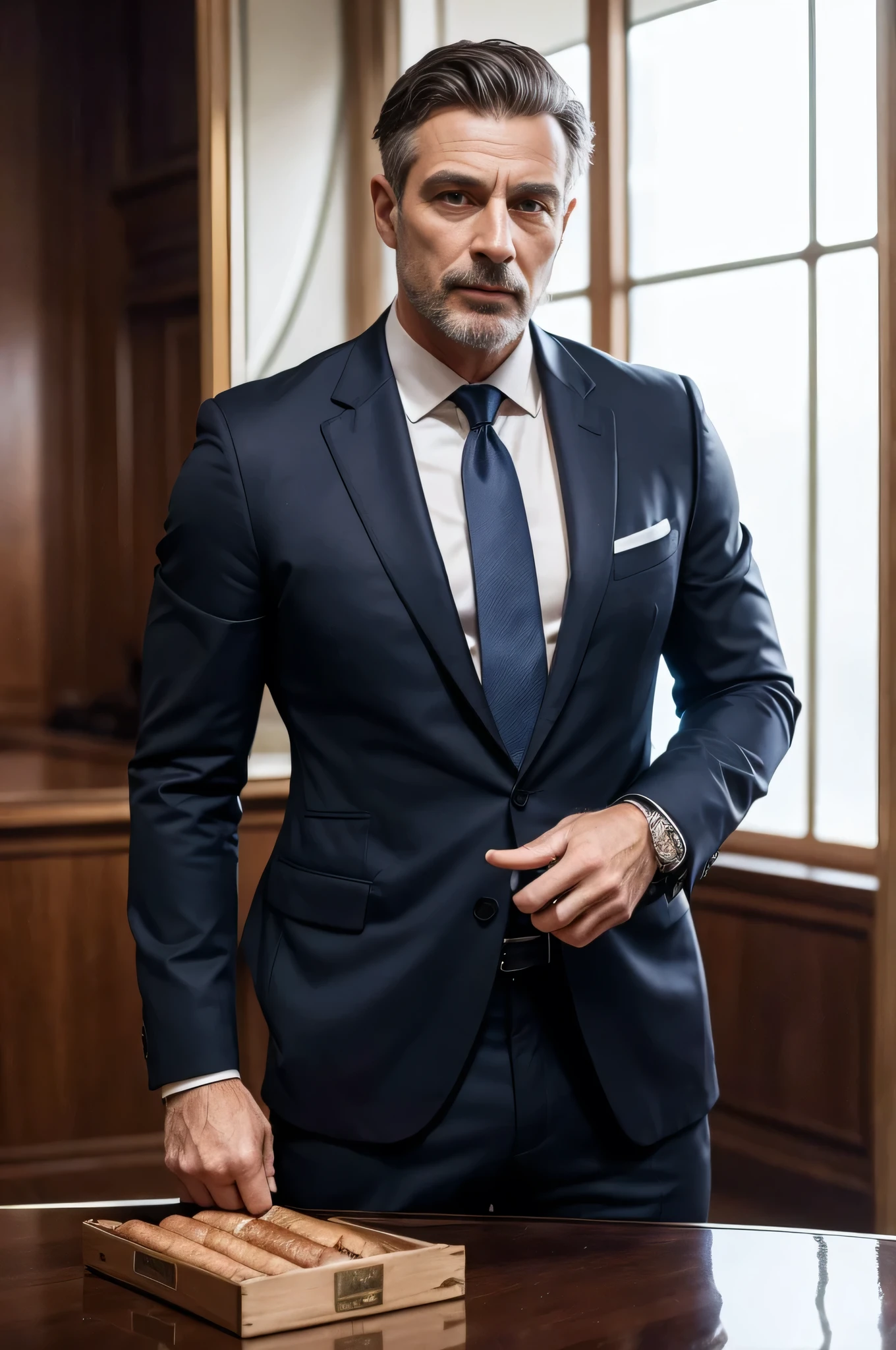 A wealthy man I good physical shape in a business suit sits at a table smoking a cigar