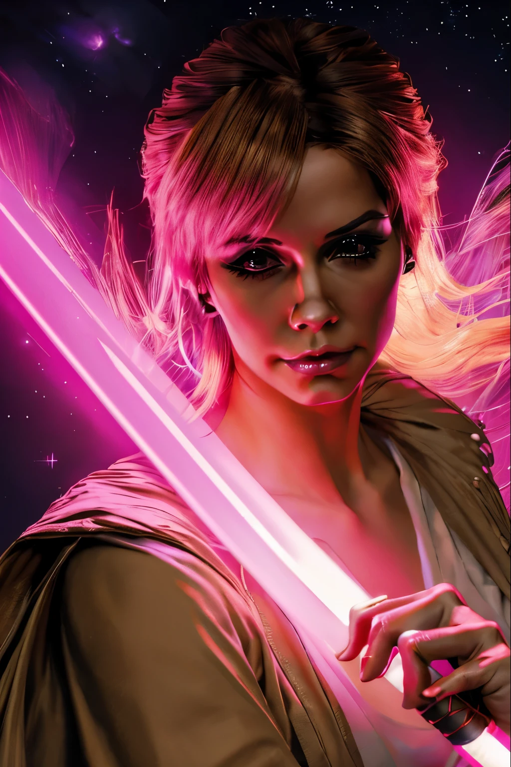 "(best quality,highres),sexy female jedi knight ((Fetch)),beautiful detailed eyes,long eyelashes light tan robe,holding a pink lightsaber,portraits,star wars background,vivid colors,studio lighting"