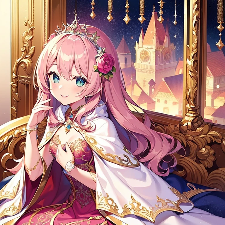 (kawaii),(best quality),(ultra detailed),(rococo style),(long train pastel pink cape:1.15), very long cape,(long train white ball gown with flower decorations:1.1), a girl is wearing a cape over her gown, 1 little princess, tiara, smile, very long hair, small breasts, beautiful detailed eyes, beautiful detailed lips, looking at viewer