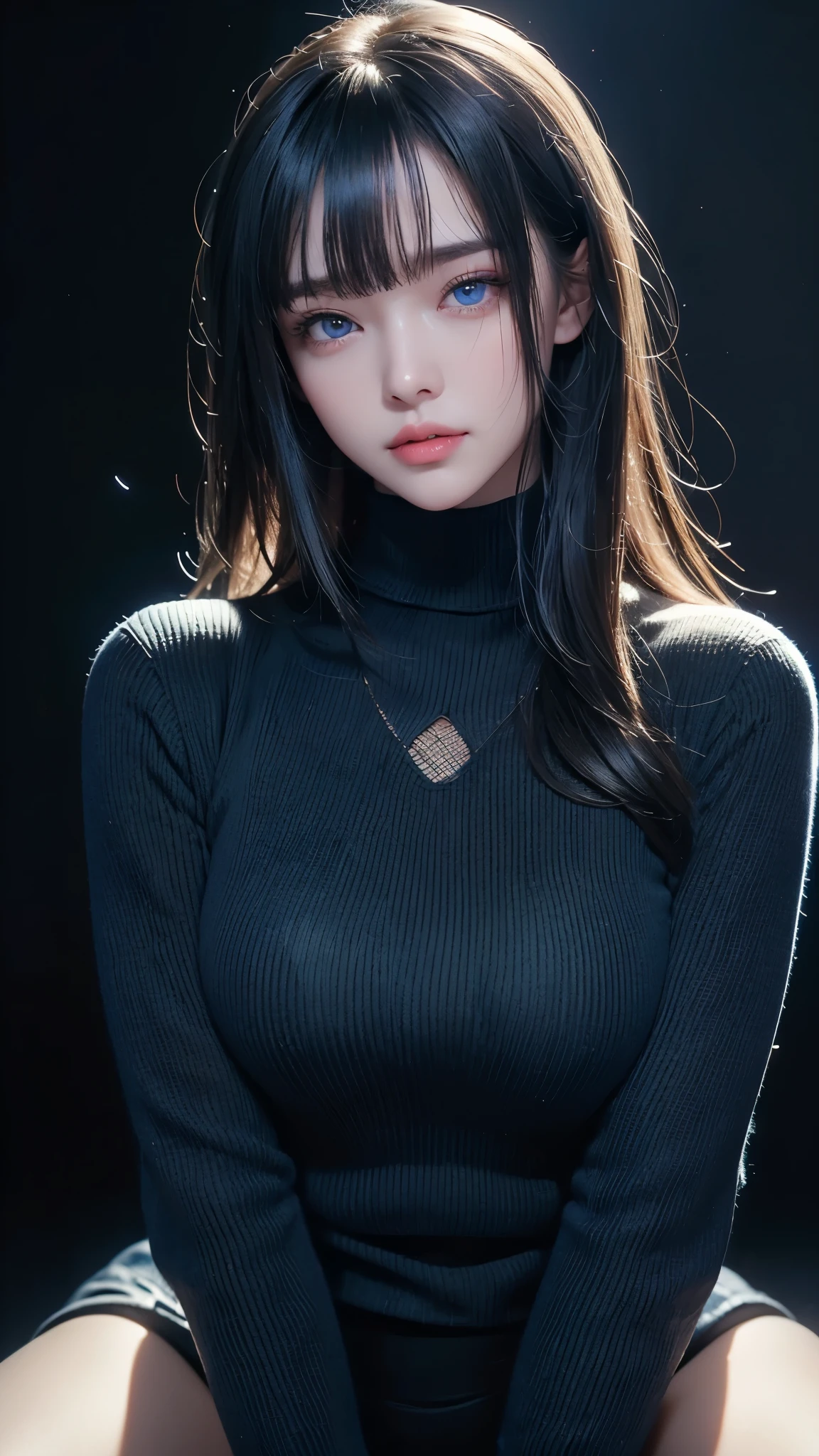 masterpiece, highest quality, Super detailed, Facing the camera, 複雑に詳細なSuper detailed, Realistic, Sharp features, Very detailed, Sharp focus, Perfect Face, Perfect Face, Perfect symmetrical perfect eyes, Perfect Plump Lips, Flexible female form, Cinematic, Film Light, Super detailed, hyper Realistic, masterpiece, Atmospheric, High resolution, Vibrant, Dynamic Studio Lighting, ((Dark Background)), The expression when enduring pleasure, Straight bangs, blue eyes,Black sweater, Cowboy Shot,turtleneck、first round、Sexually aroused expression